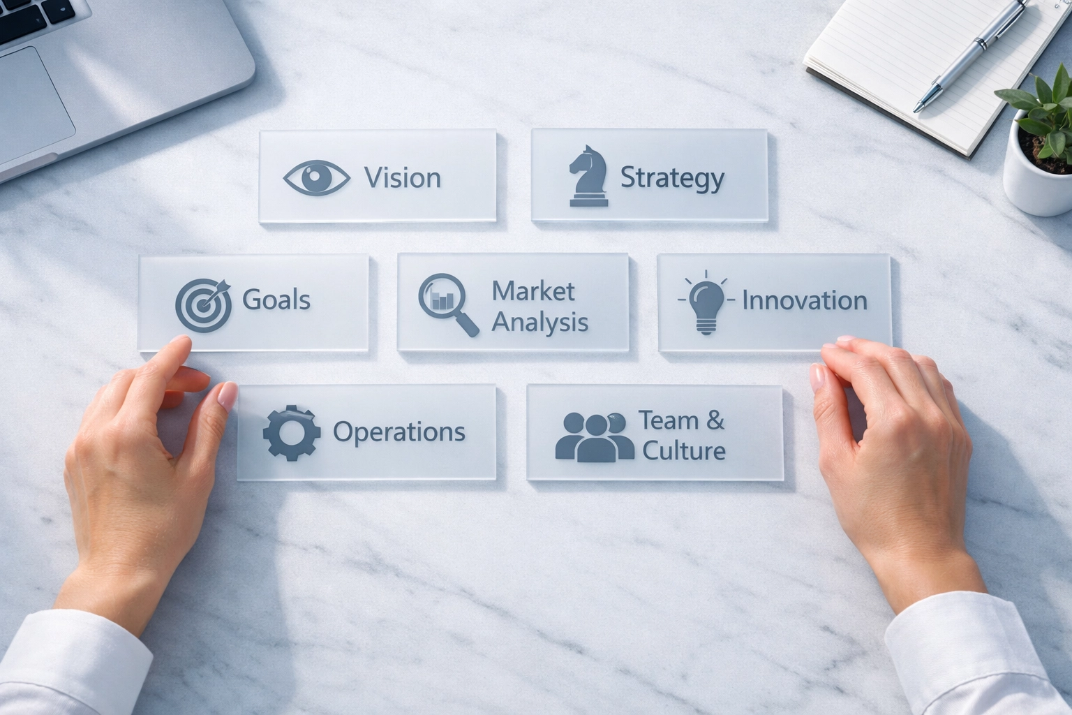 Professional hands arranging sales competency building blocks on a white desk to identify team skill gaps.