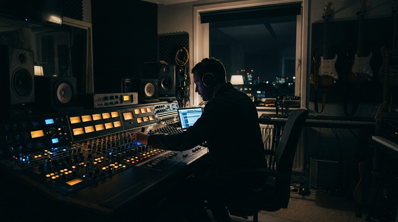 A silhouette of a Sound Wizard at a mixing desk in a dark, moody studio