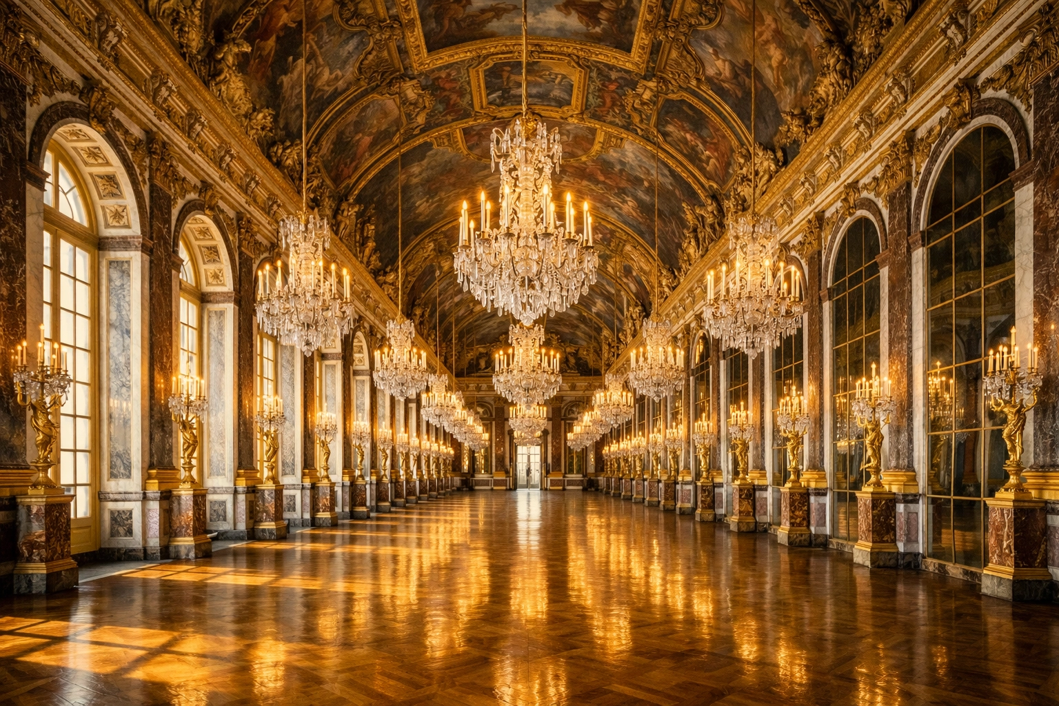 The Hall of Mirrors interior, an iconic photo spot for symmetry at the Palace of Versailles.