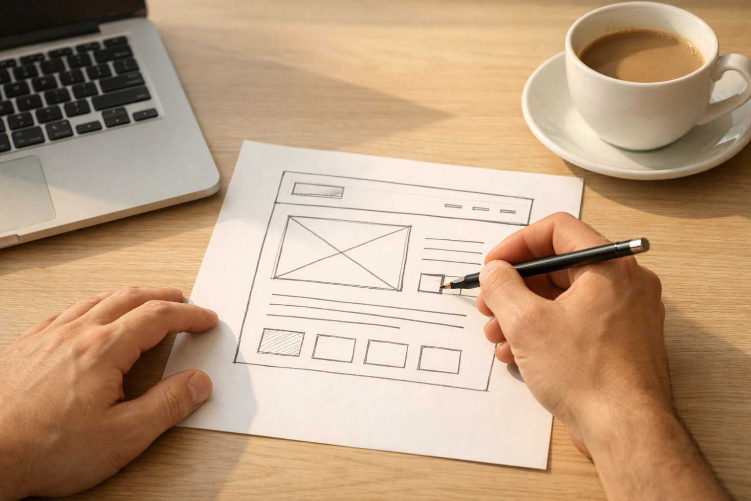 Hands sketching a website wireframe next to a laptop and coffee in natural light