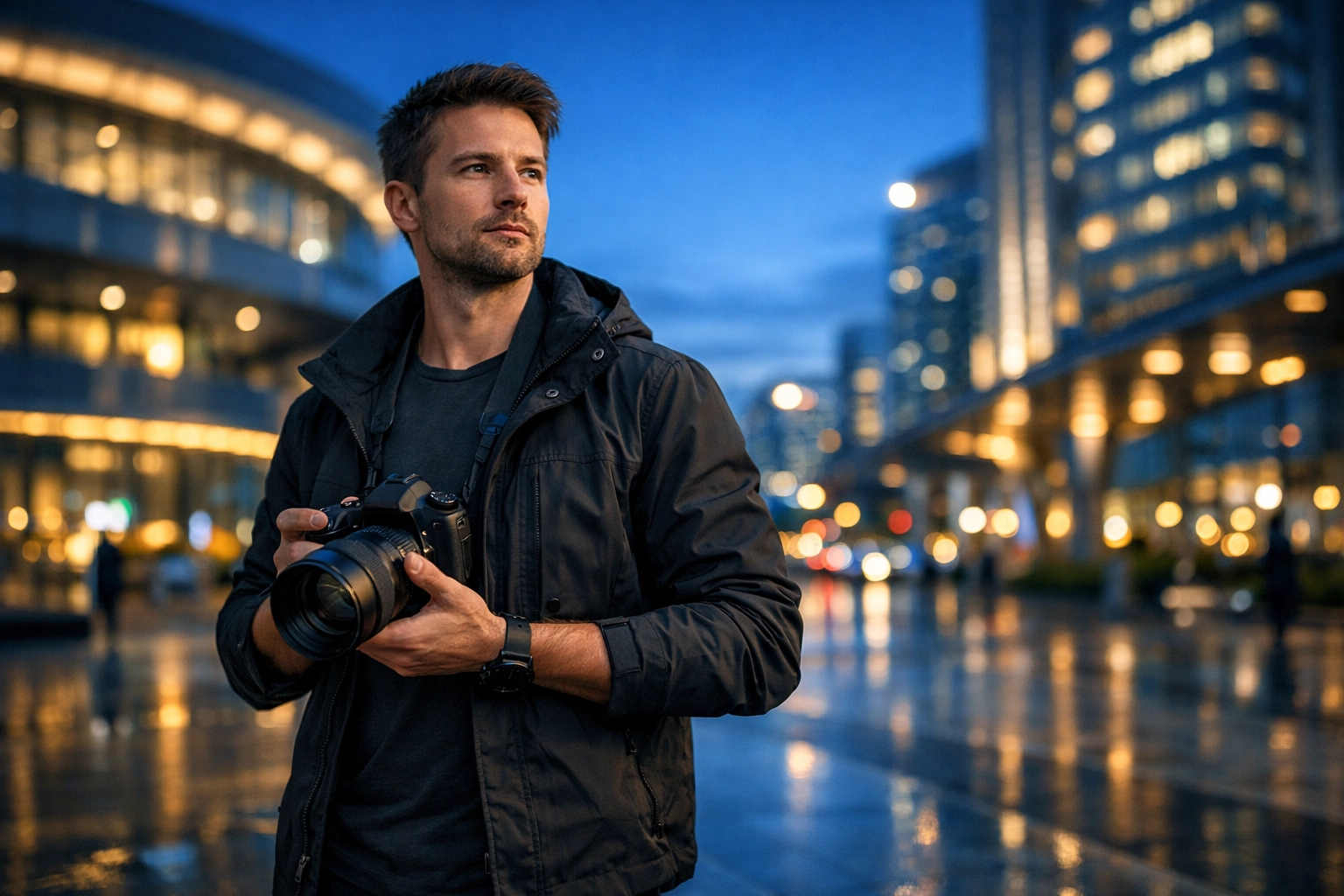The Ultimate Guide to ProShoot.io: Everything You Need to Succeed in the New Photo Economy 1 A professional photographer with a mirrorless camera in a city plaza at blue hour.