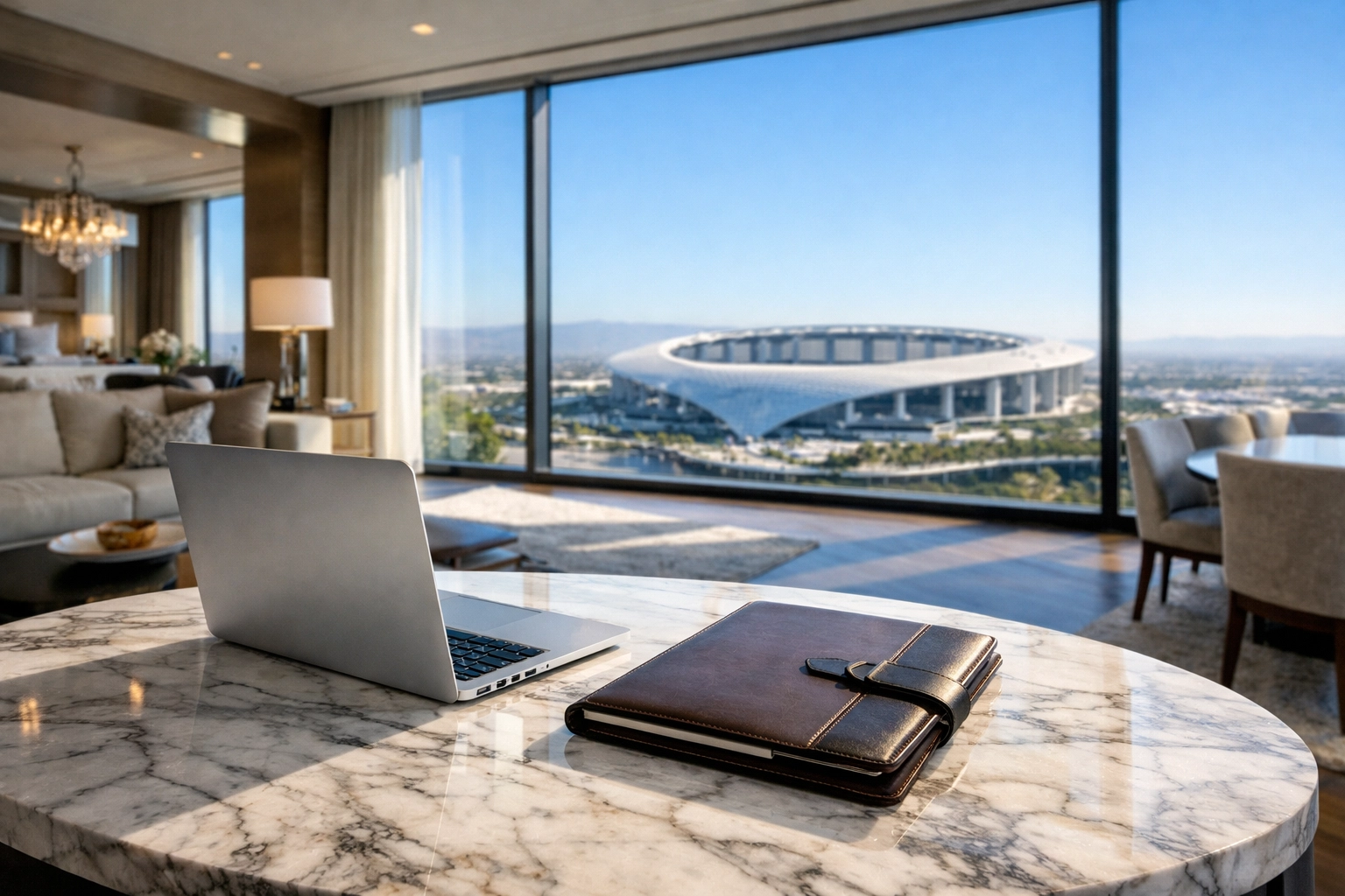 Luxury executive penthouse suite with a view of the stadium, ideal for early Super Bowl hotel bookings.