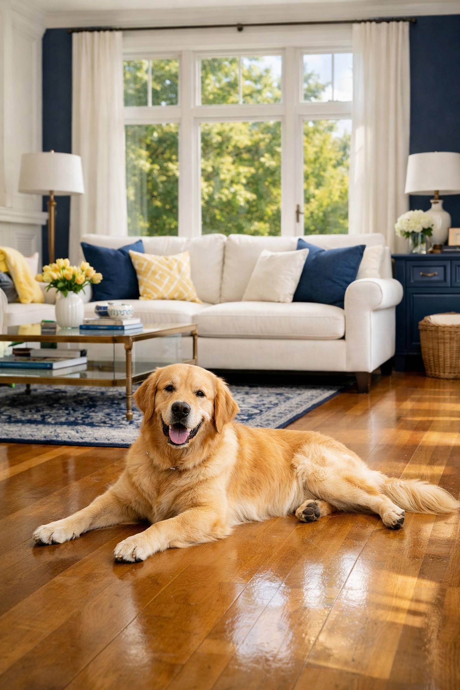 Happy dog on a clean hardwood floor in a Bolton home using pet-safe eco-friendly cleaning services.