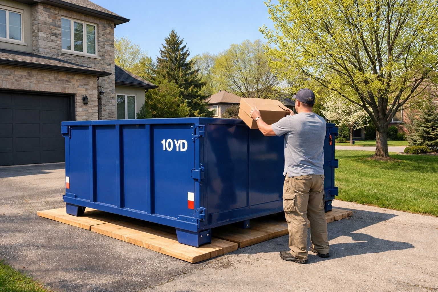 Homeowner using a 10-yard bin for spring cleaning in a North York driveway.