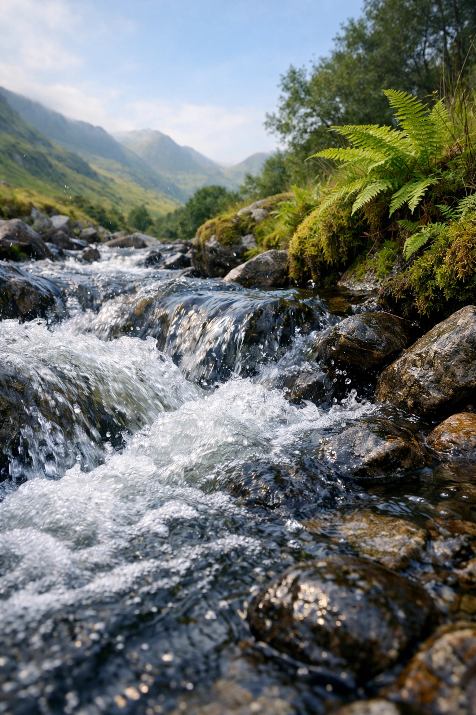 Fast-flowing mountain stream in the UK fells, a primary source for safe water while wild camping.