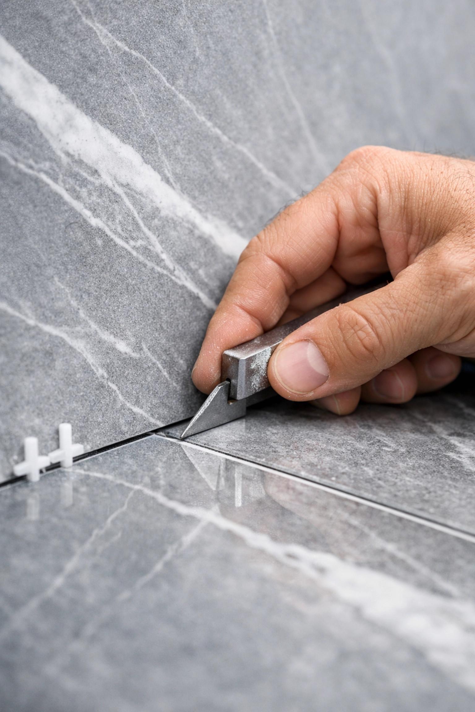 Detailed view of high-end porcelain tile installation for an Orlando luxury bathroom renovation project.