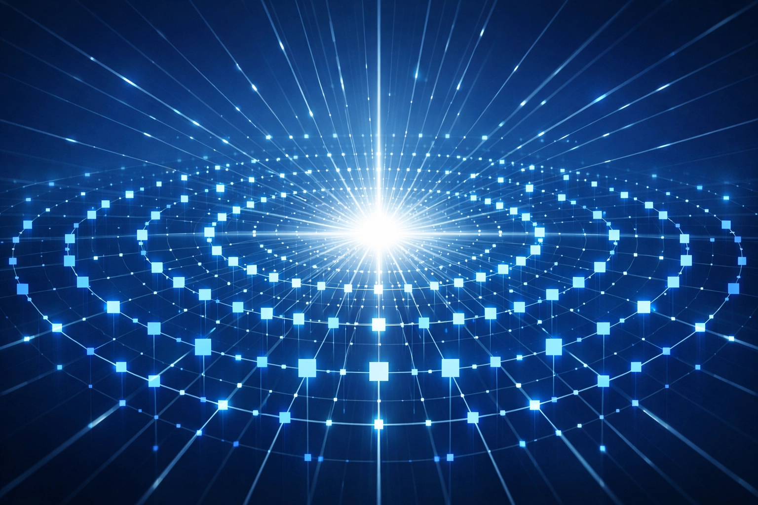 A central core distributing data to a wide network of nodes representing scalable and governed AI workflows.