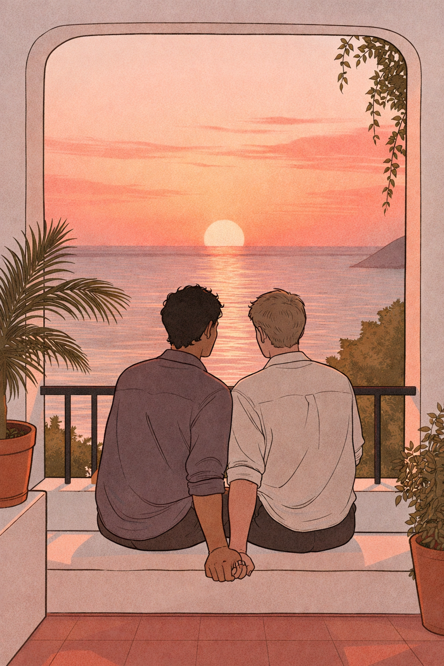Two men sit intimately on a balcony overlooking the Red Sea at sunset, evoking the oasis of forbidden love in The Valentine's Villa MM romance.