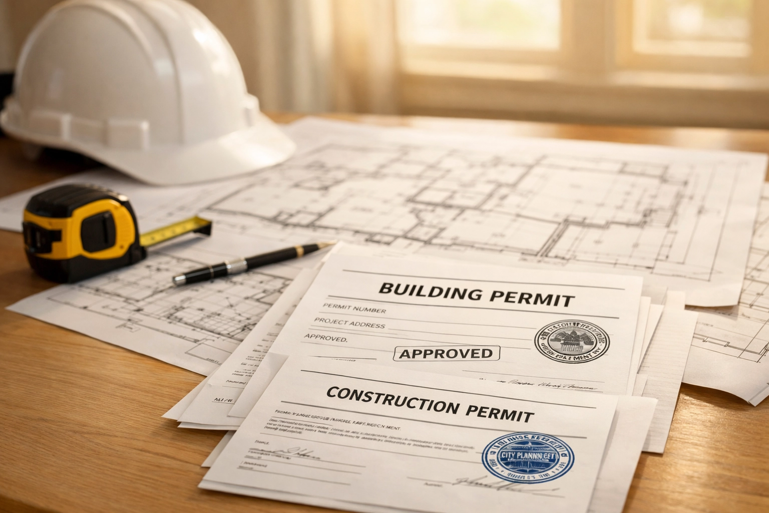 Construction blueprints and Omaha permit documents organized on desk with hard hat and measuring tape