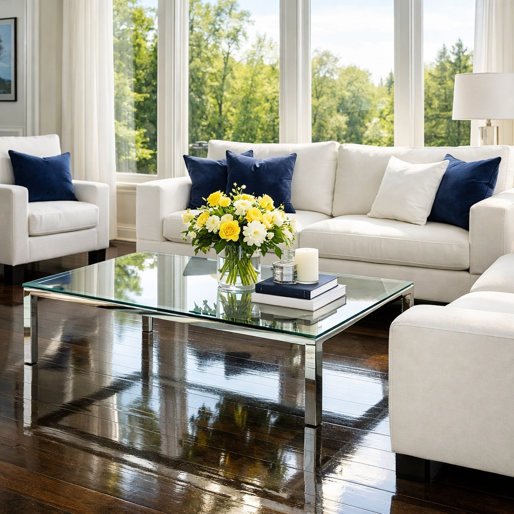 Spotless living room with polished floors after a Weekly House Cleaning Stow MA service.