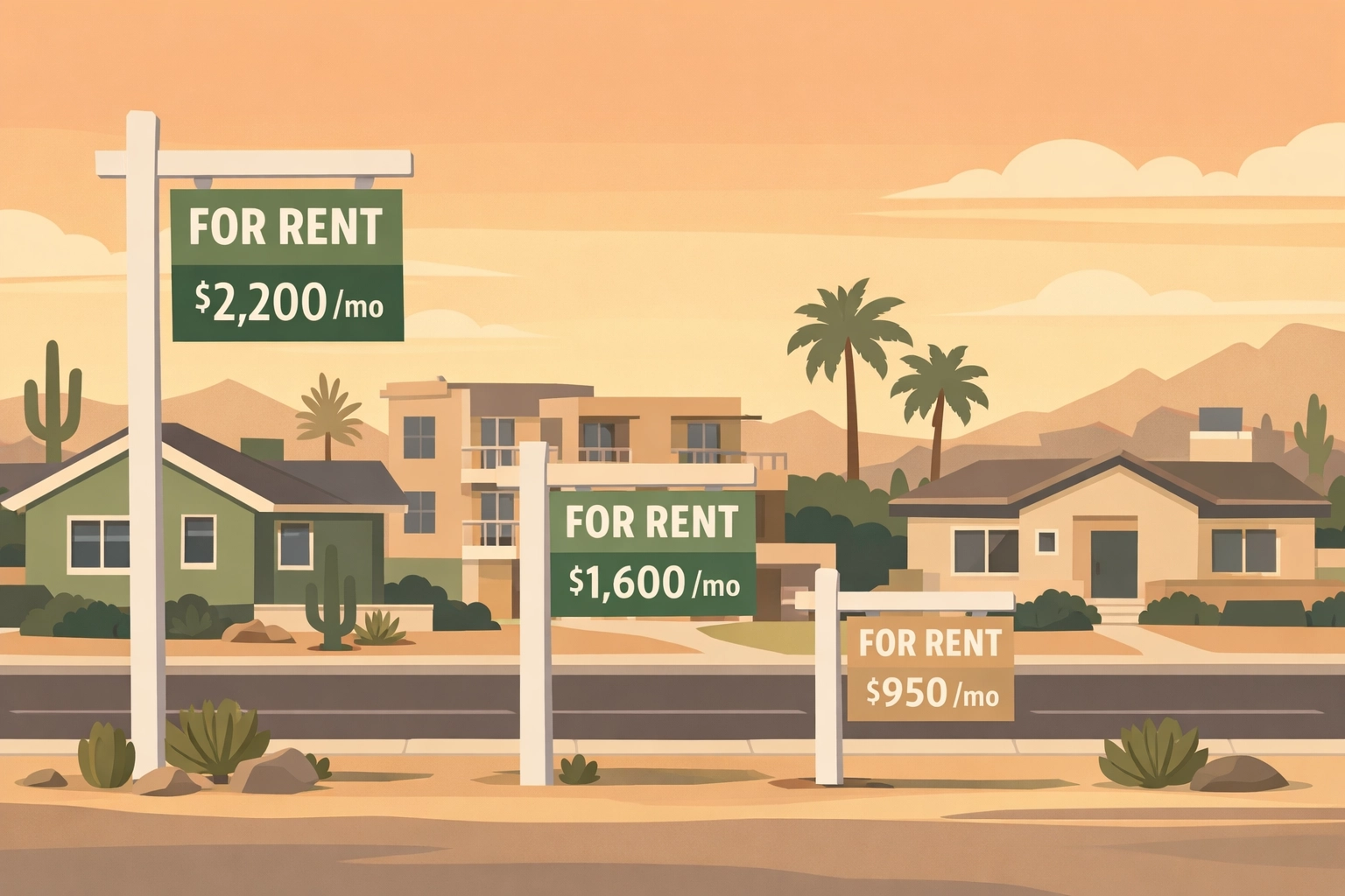 Phoenix rental properties with varying For Rent signs showing cooling market prices