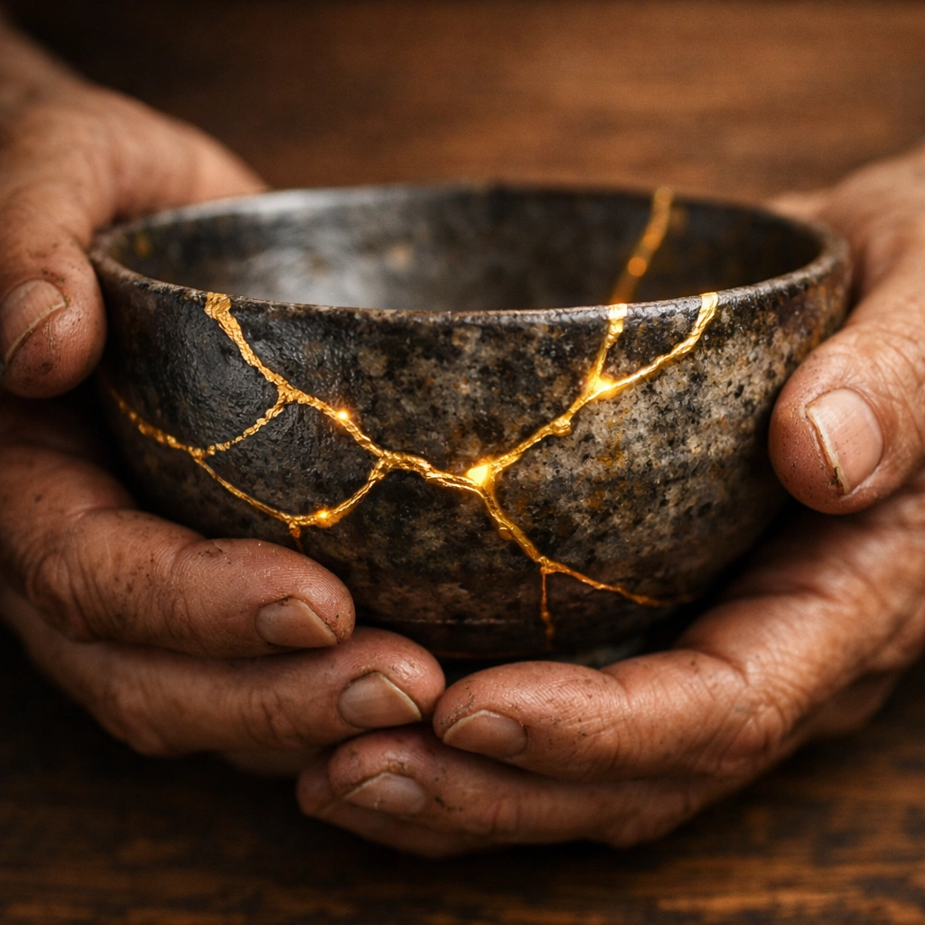Hands cradling mended Kintsugi pottery, symbolizing the beauty of healing core wounds through empathy.