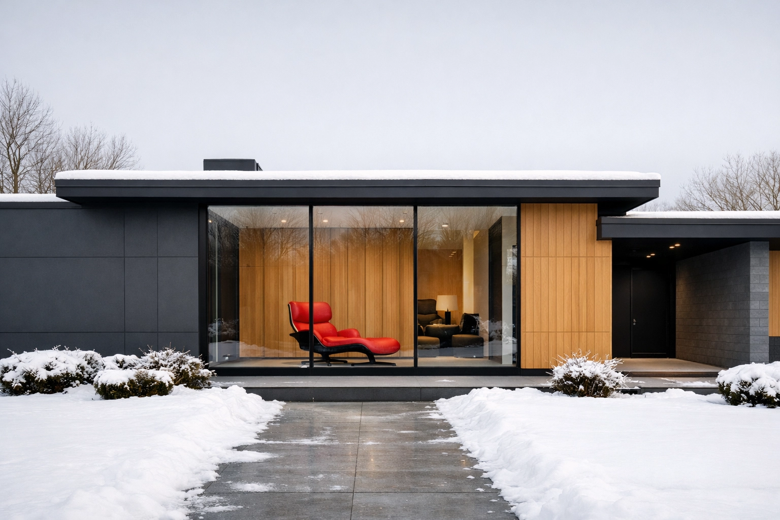 Modern rental property in a snowy Minnesota winter illustrating seasonal rental comp math adjustments.