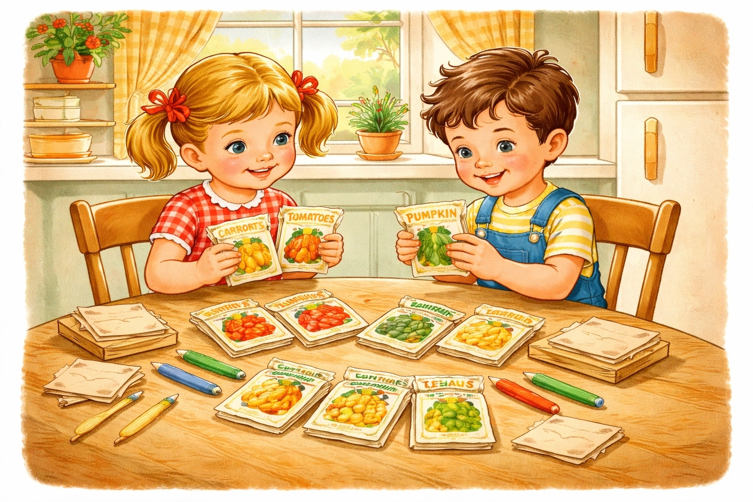Cartoon children sorting and labeling seed packets at a kitchen table, seed library project for kids