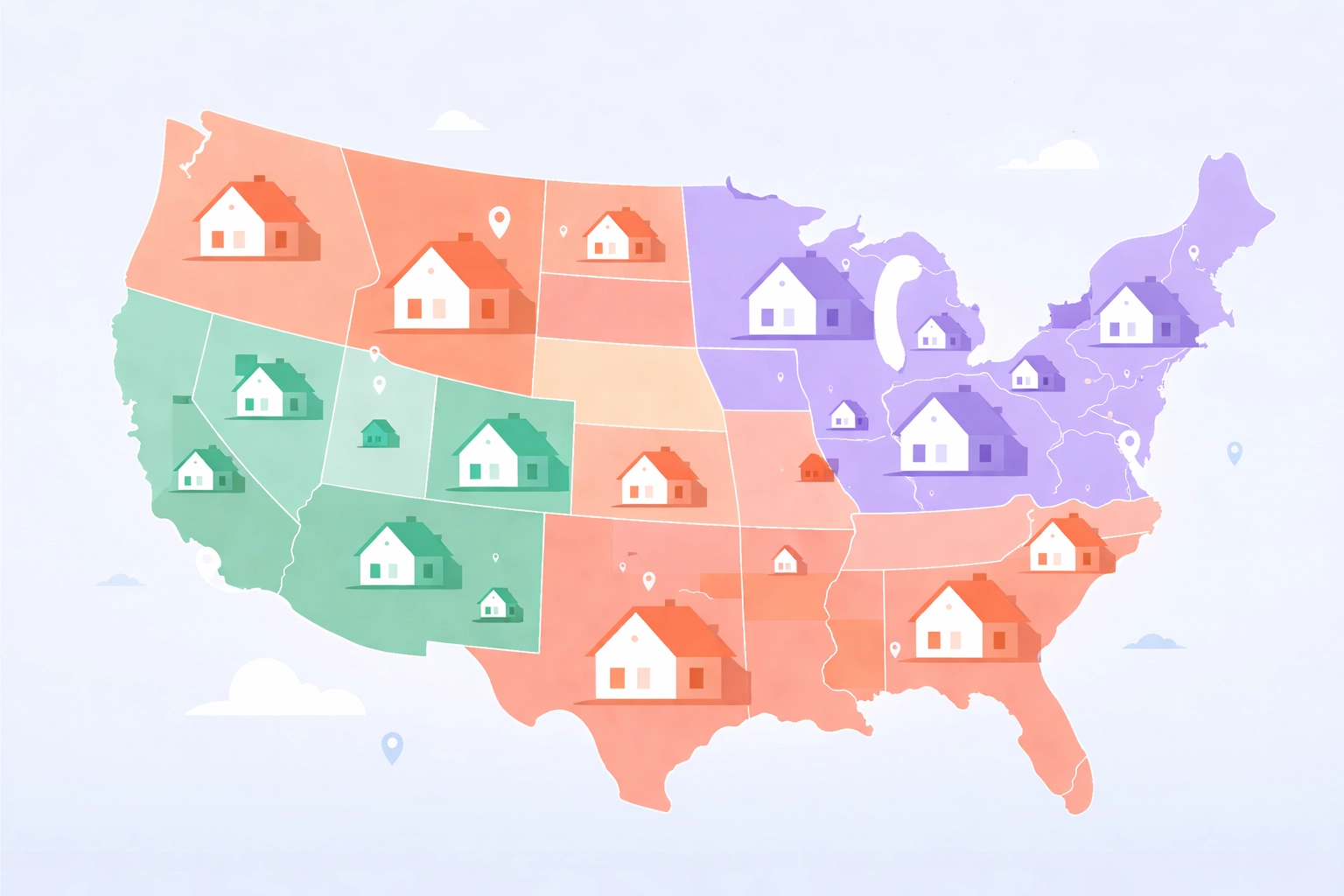 Mapa de Estados Unidos resaltando precios promedio de casas por estado en 2026 para compradores latinos