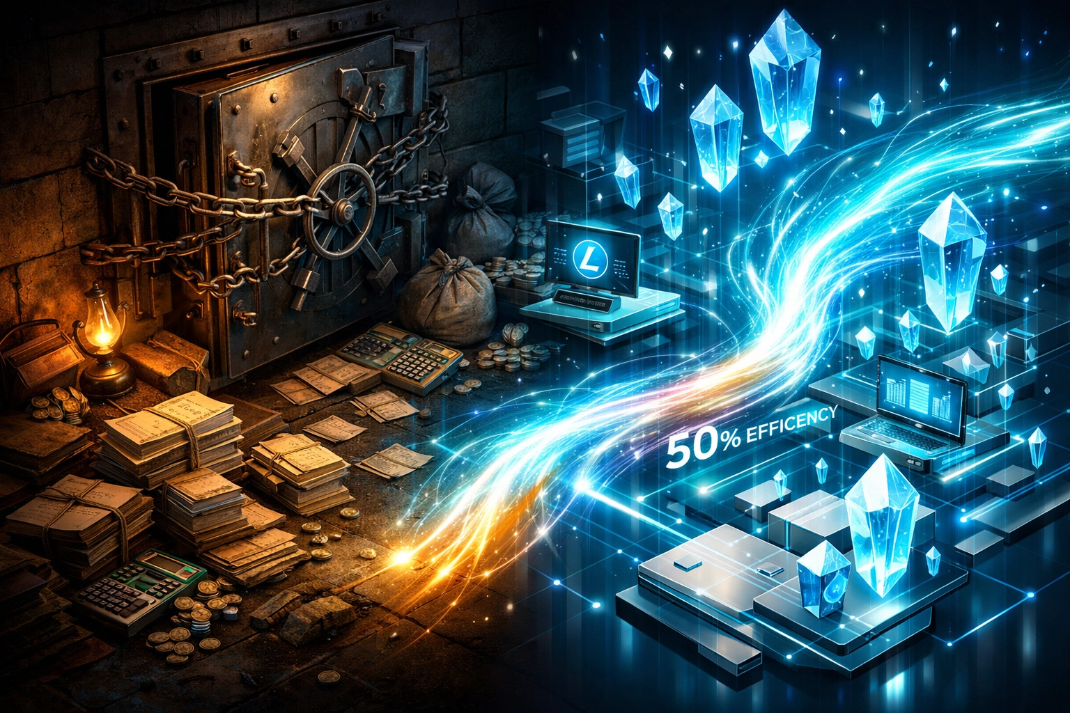 Digital landscape showing Larecoin AI payment routing vs. legacy banking to reduce merchant fees.
