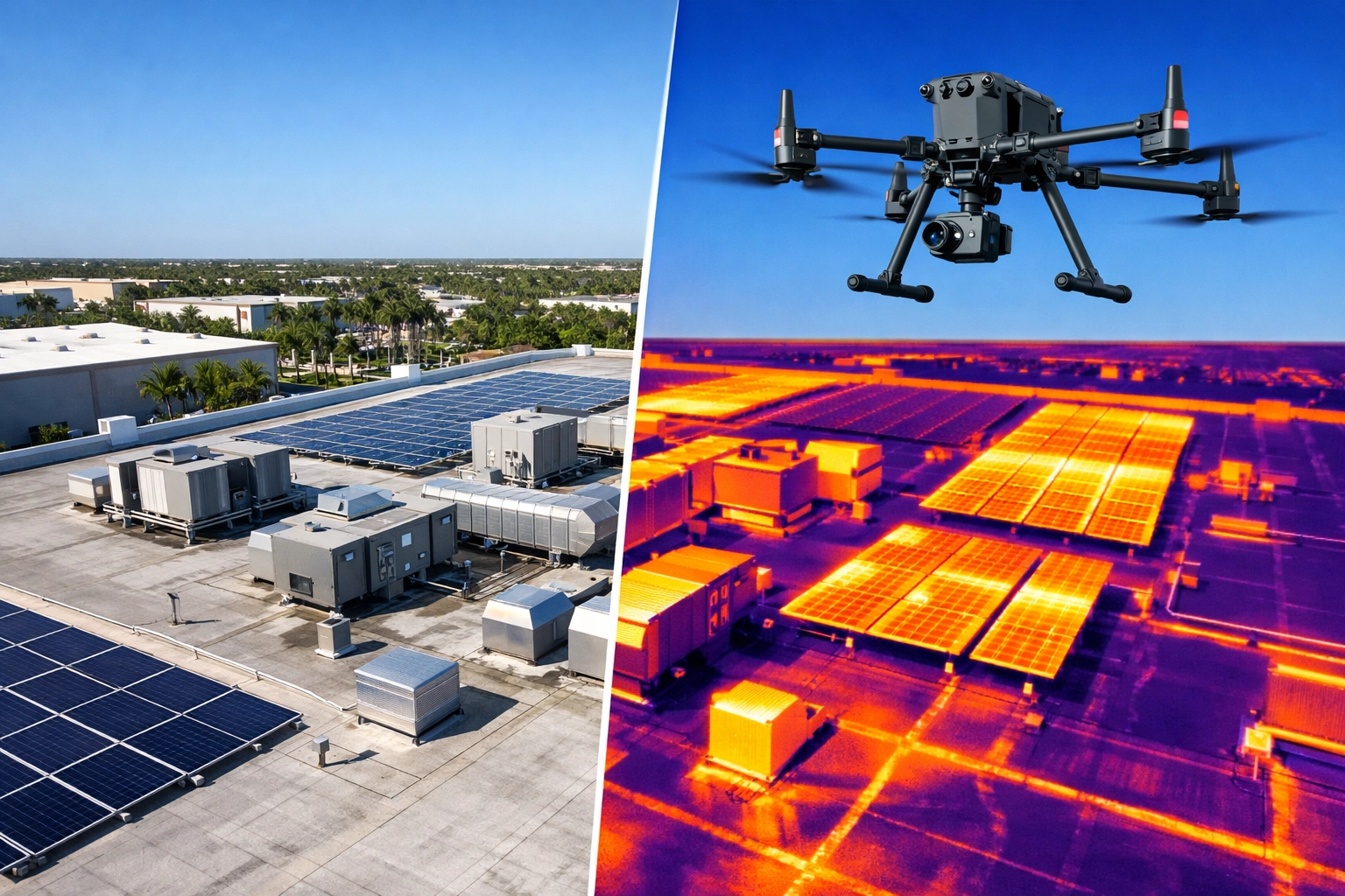 Thermal drone inspection showing heat anomalies on an industrial rooftop for facility maintenance planning.