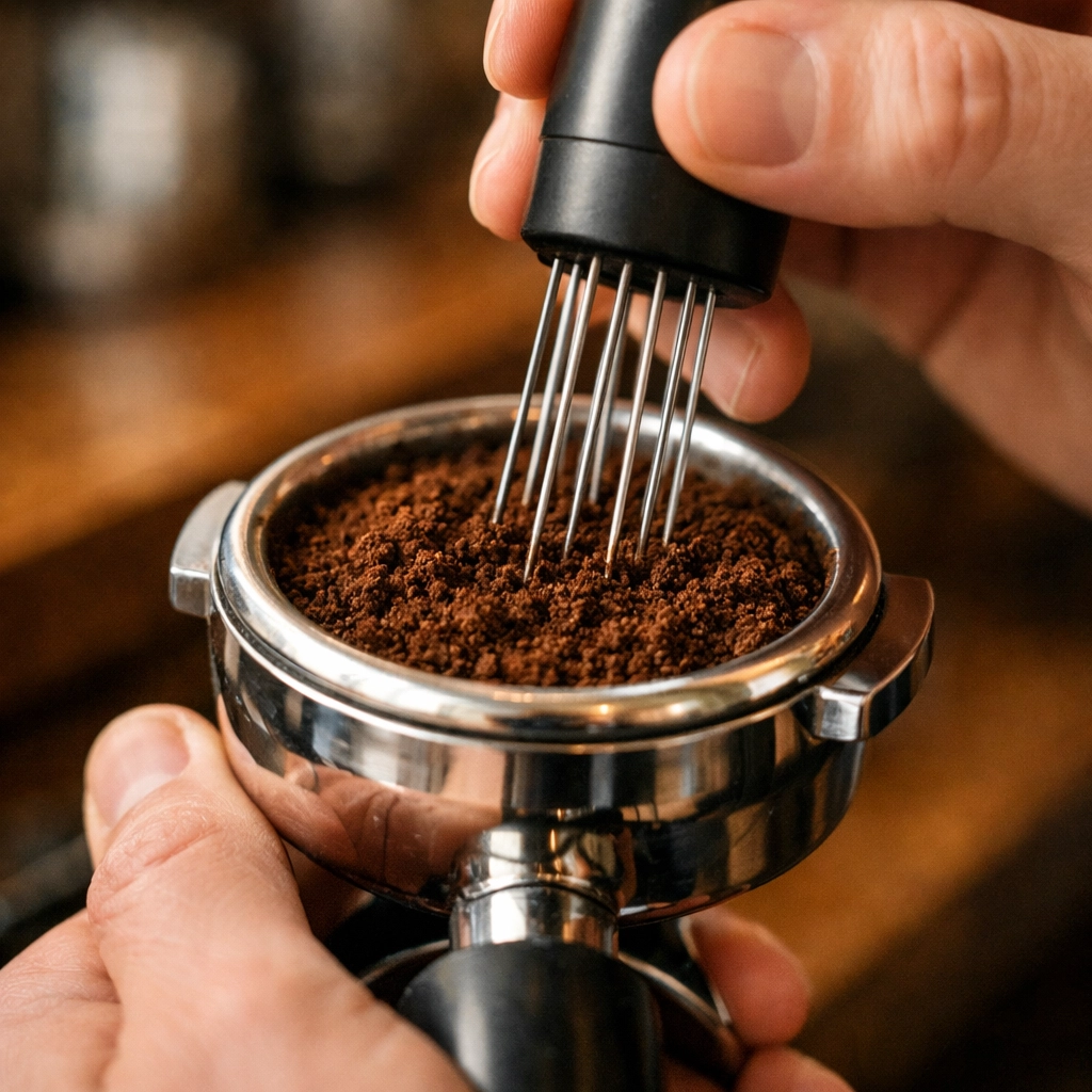 Barista using WDT tool to distribute espresso grounds evenly in portafilter basket