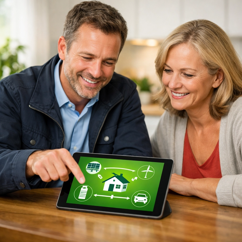 Expert energy consultant and homeowner reviewing solar performance data on a tablet for a tailored installation.