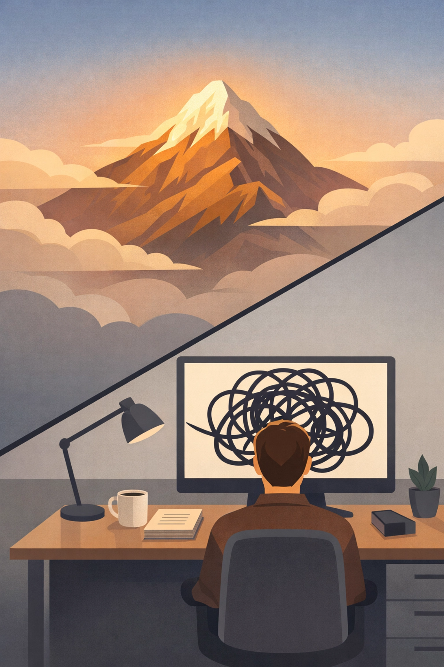 Illustration comparing an aspirational mountain peak goal with the messy reality of confusing OKR metrics.