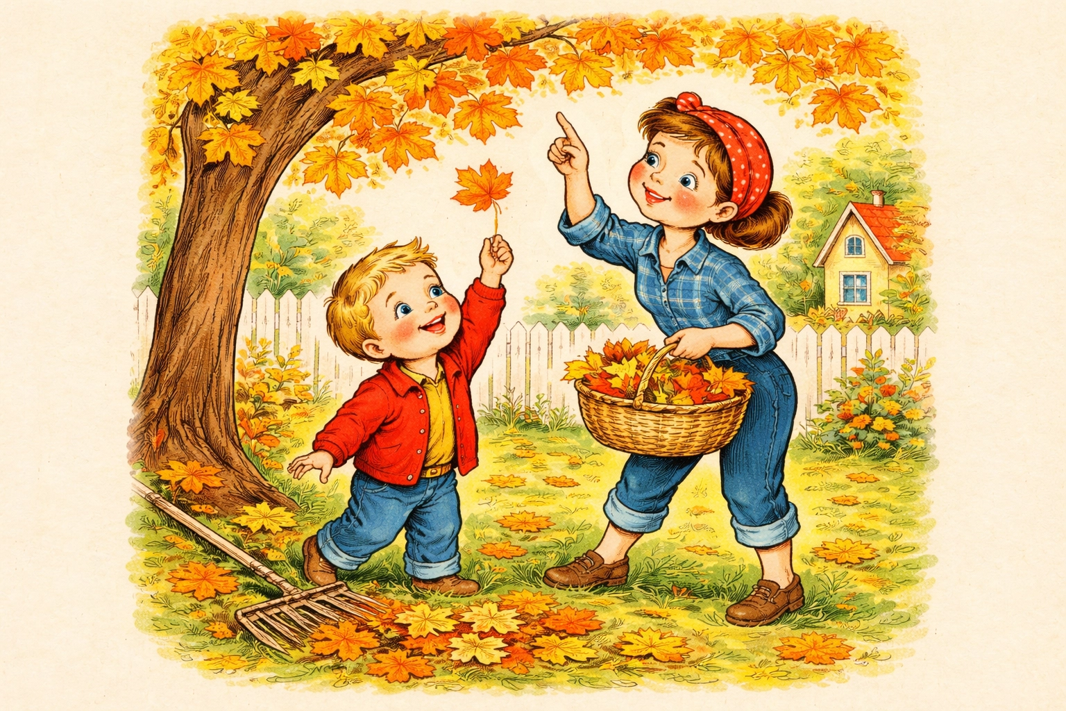 Parent and child collecting colorful autumn leaves in a backyard for a kids' leaf rubbing craft activity