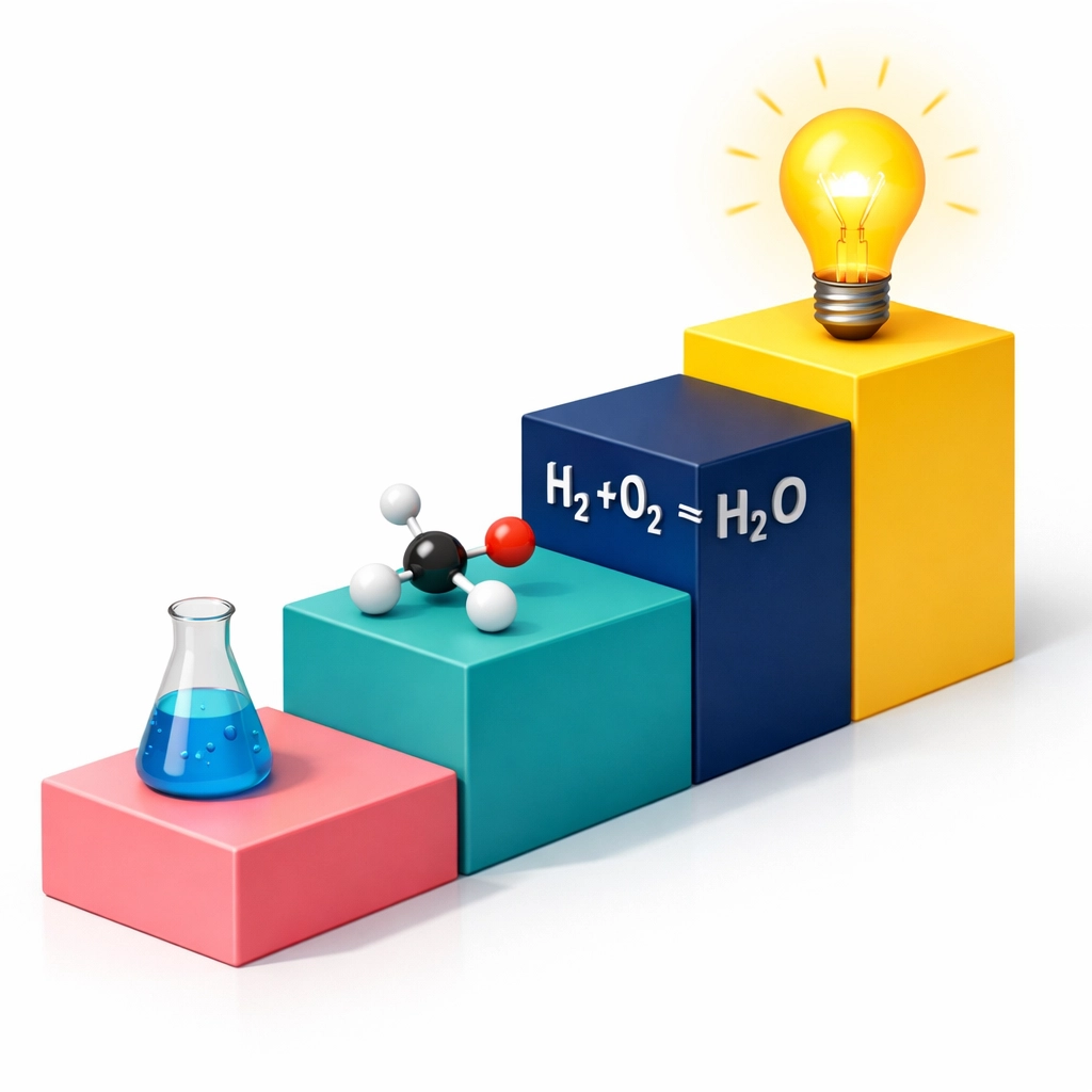 Multi-step Chemistry problem solving pathway from beakers to equations leading to breakthrough insight