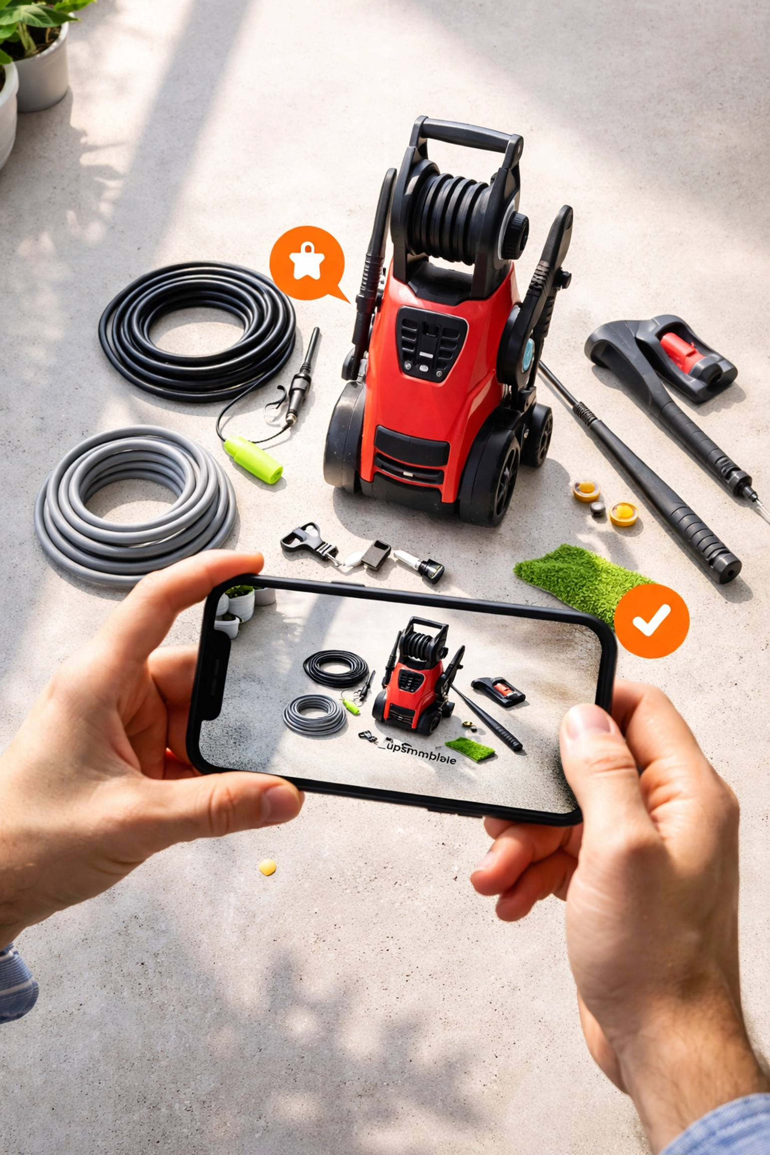 Hands taking a smartphone photo of a red pressure washer with accessories, illustrating listing tools for rent.