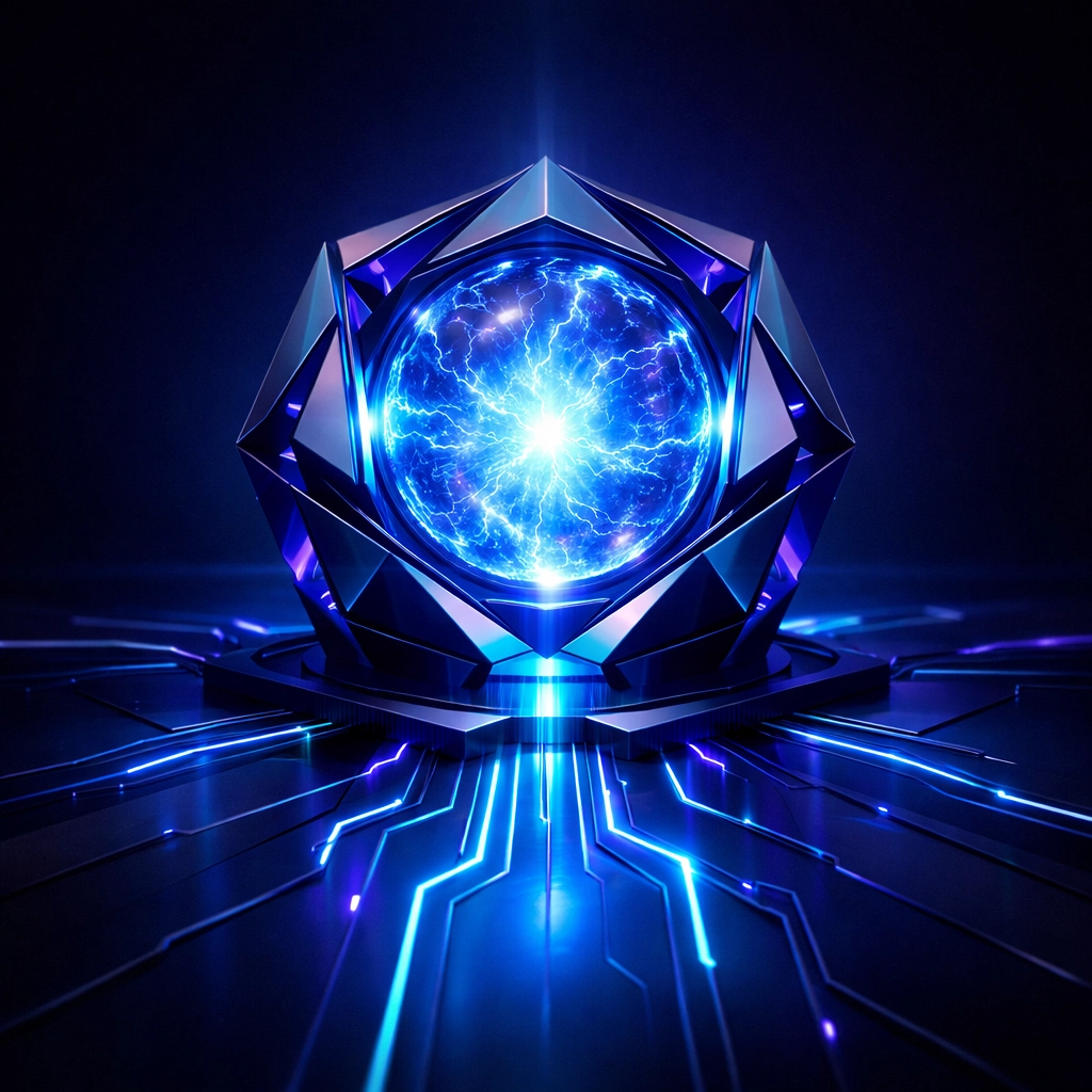 A glowing digital energy core representing high-performance web hosting for fast website speeds and better conversions.