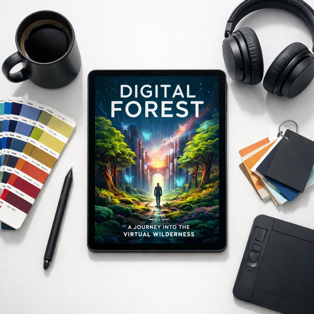 Digital tablet showing a professional e-book cover design surrounded by creative workspace tools.