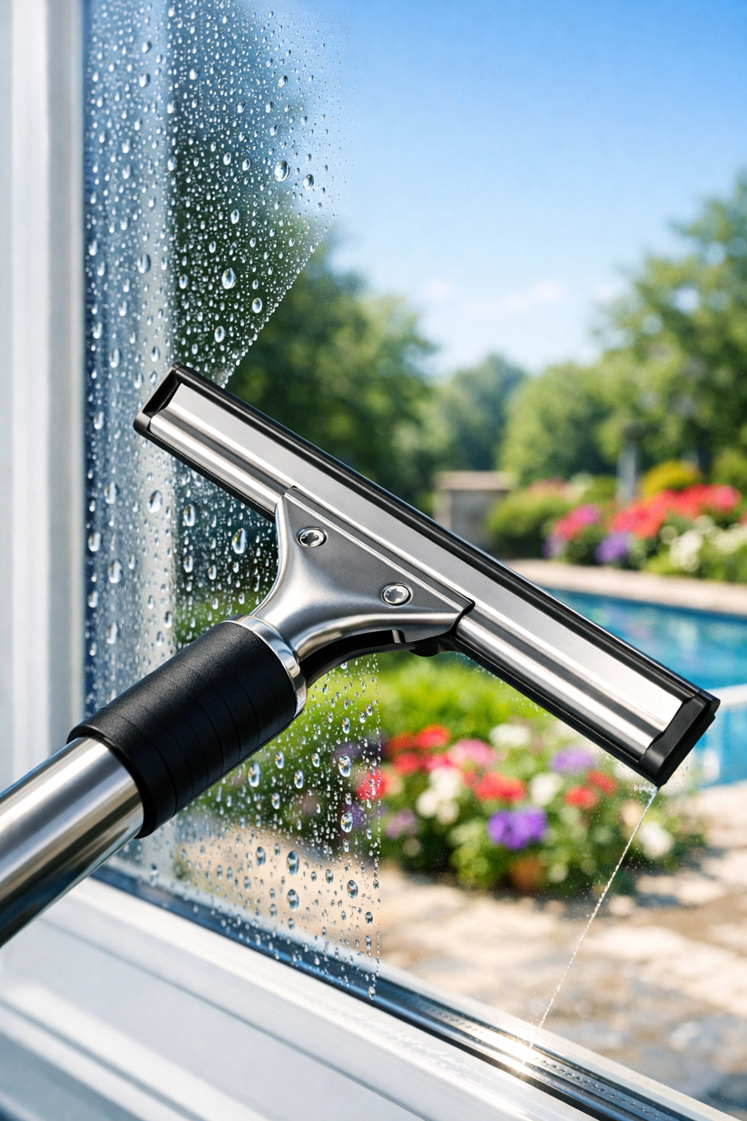 Professional window cleaning squeegee creating a streak-free finish on a residential glass pane.