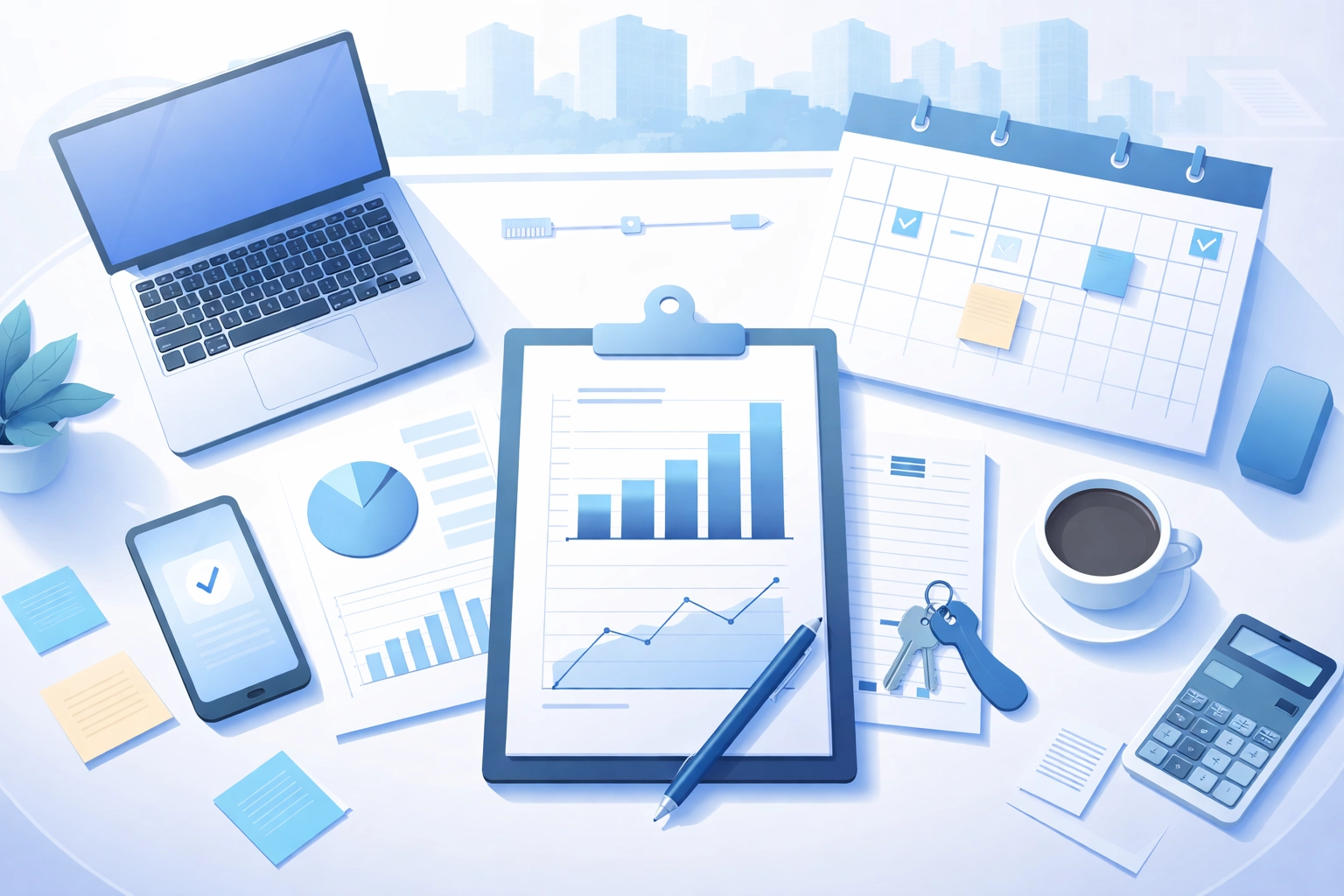 Property manager’s desk with laptop and financial charts, illustrating organized rent tracking and compliance for Brooklyn Heights landlords.