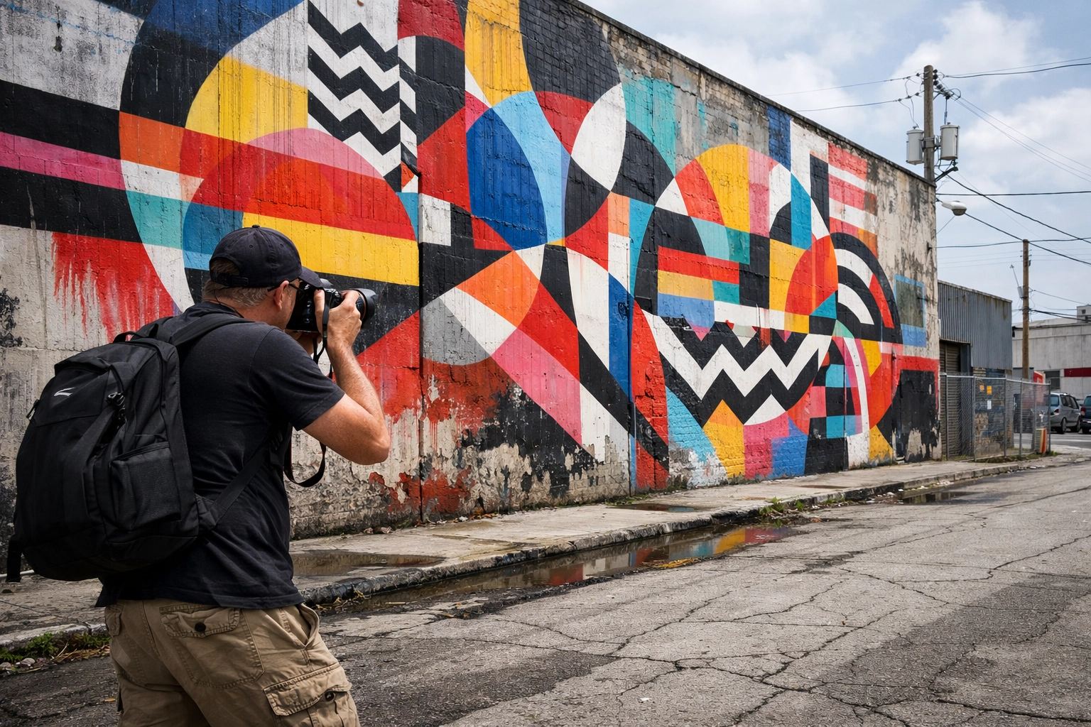 Street photographer at Wynwood Walls mural, a must-visit among miami photography locations for vibrant street art.