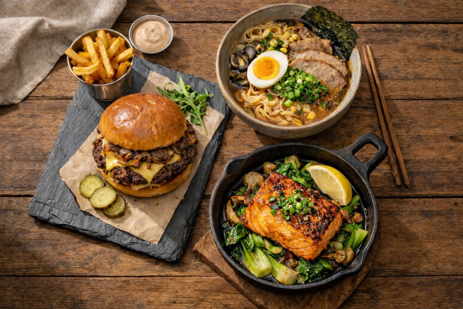 Elevated comfort food dishes including gourmet burger, ramen, and miso-glazed salmon on restaurant table