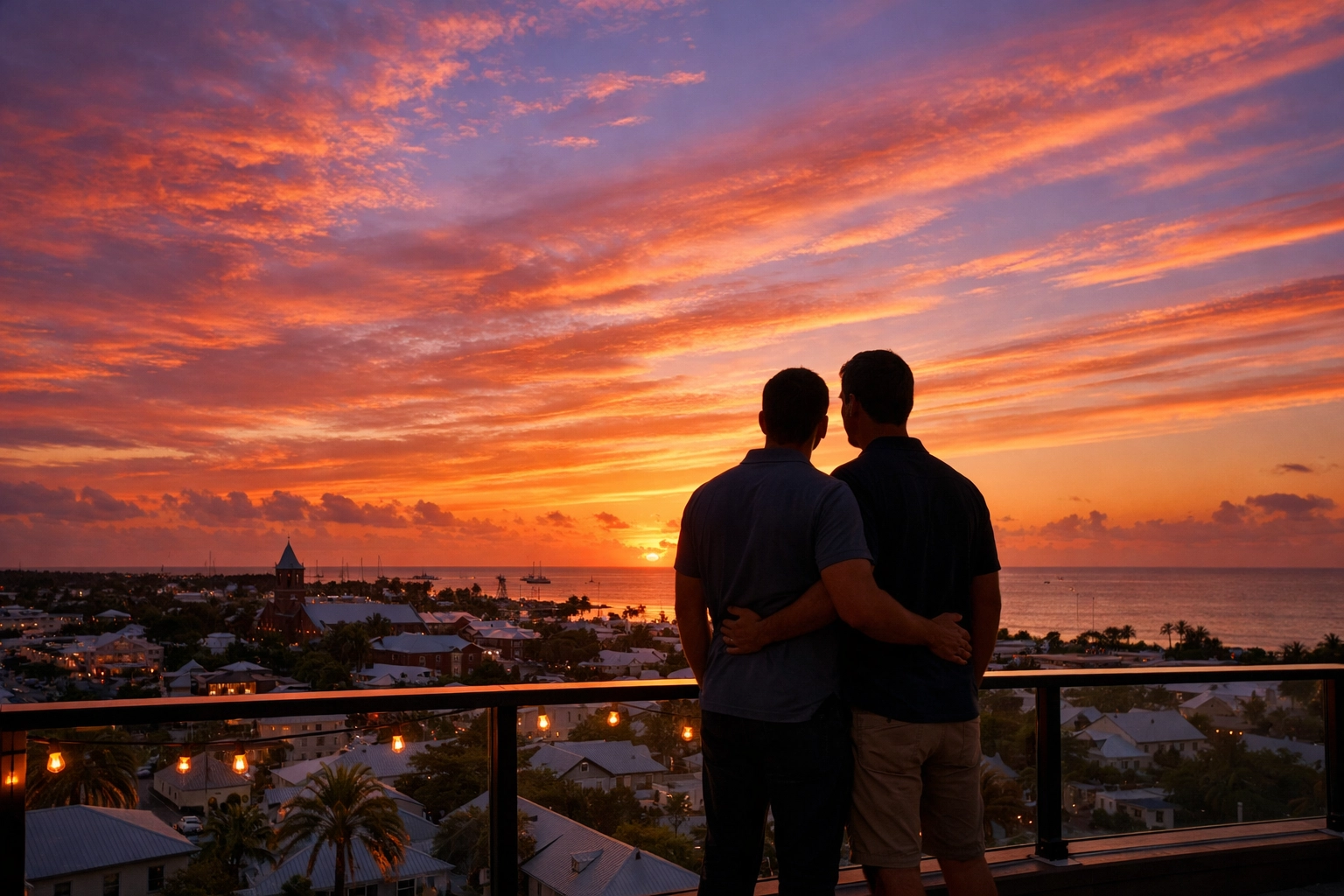 Two men embracing at sunset on Key West rooftop overlooking ocean