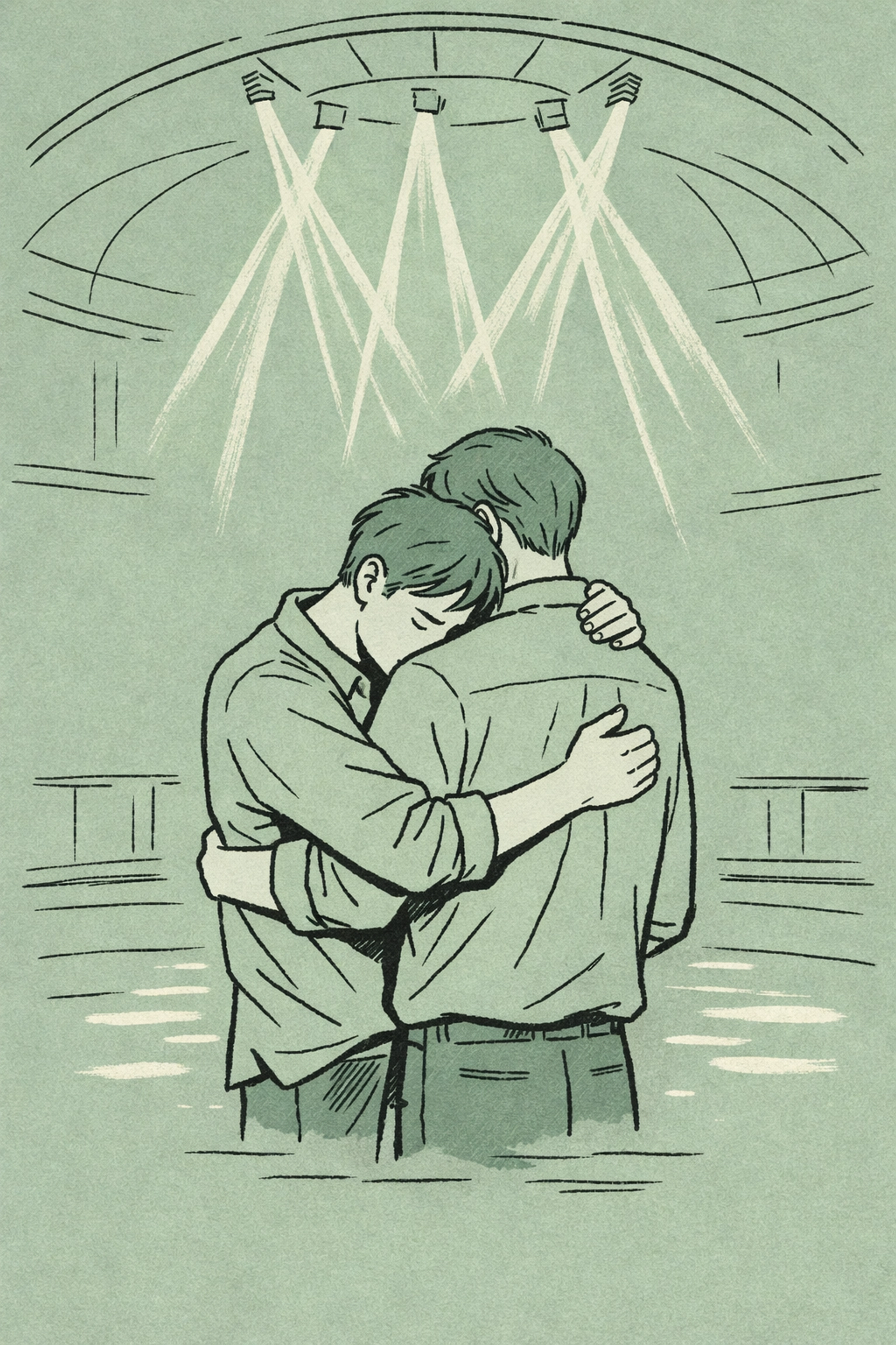Two men embrace emotionally on The Saint's dance floor during the club's final days in 1988
