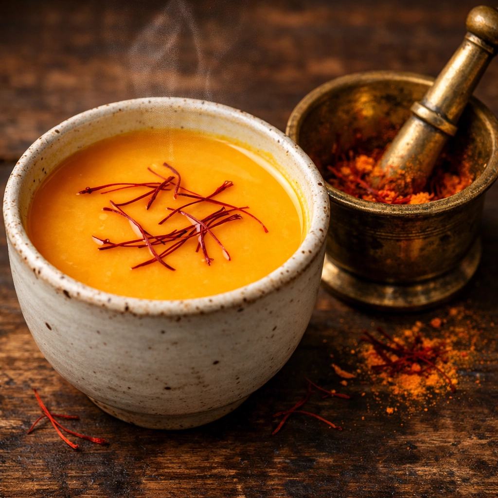 Warm saffron milk with red Kesar threads and mortar illustrating how to bloom Kashmiri saffron.
