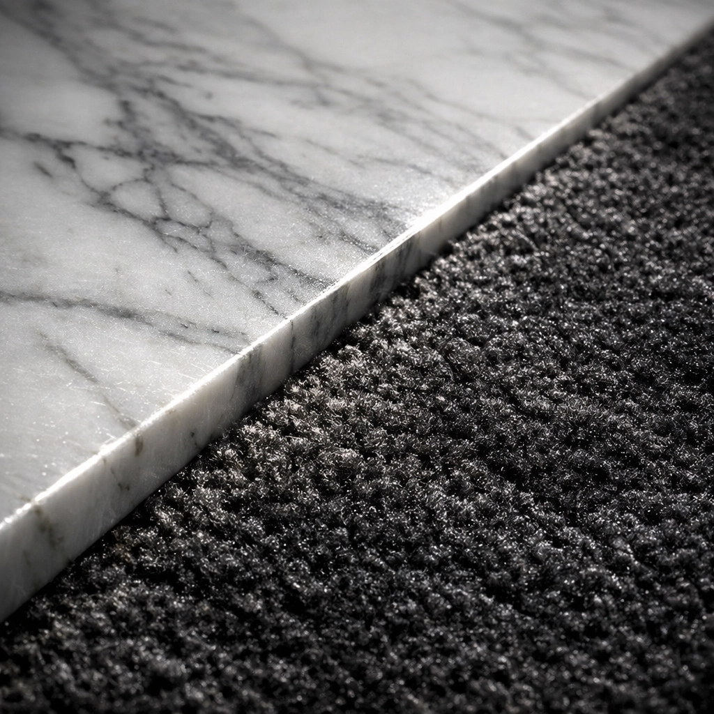 Detailed view of professionally cleaned marble flooring and executive carpet in a Needham office.