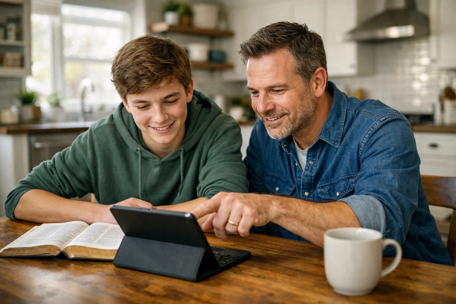 Father and son studying the Bible together using a tablet. Boundless Online Church.