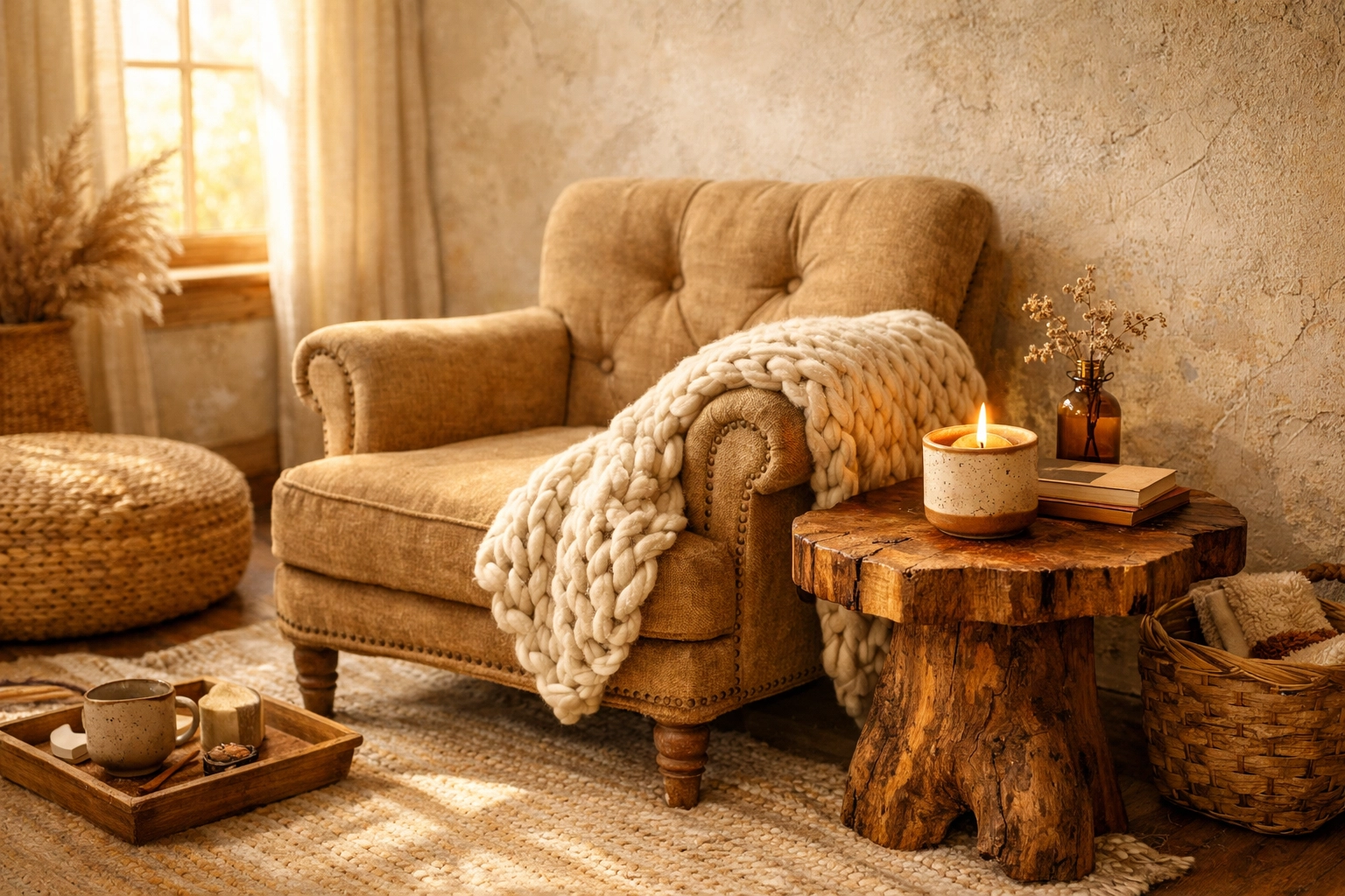A cozy care corner with a hand-knit throw and candle, showcasing unique gifts for home and mindful living.