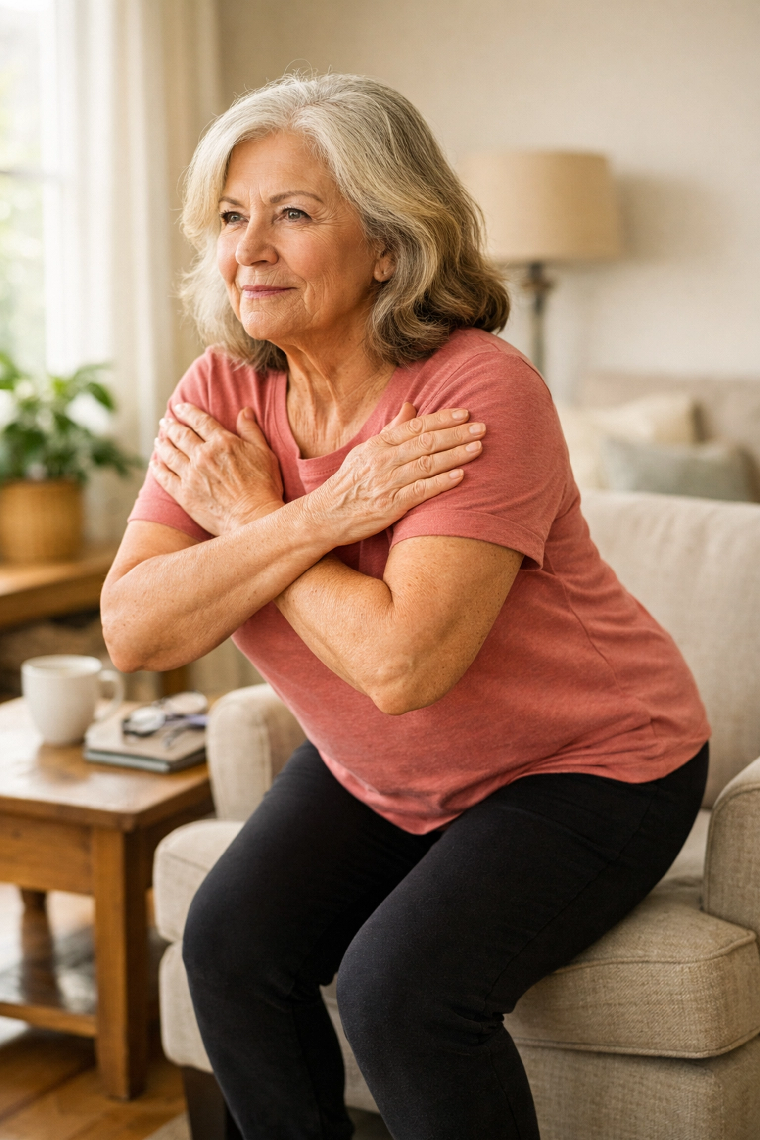 Senior woman performing sit-to-stand exercise from chair for leg strength and stability