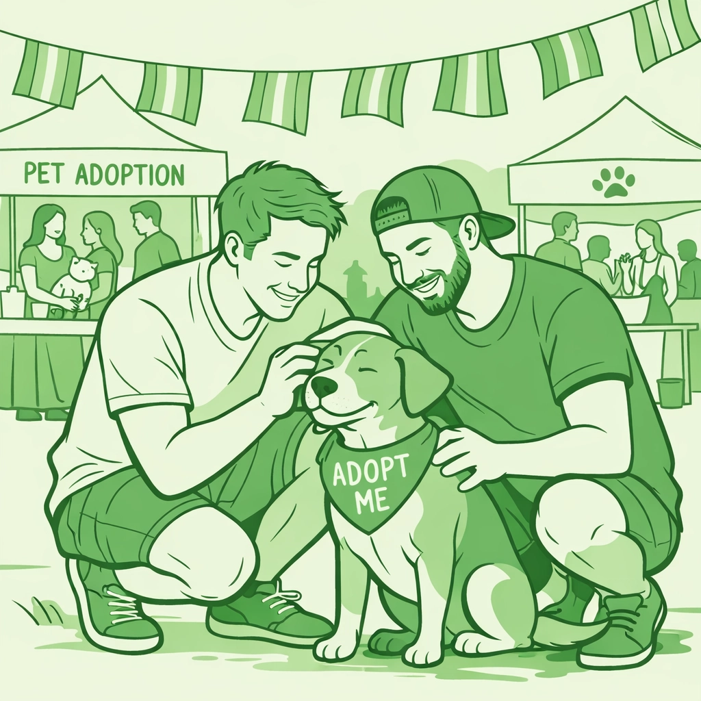 LGBTQ+ couple at Pride pet adoption event supporting animal shelter dogs