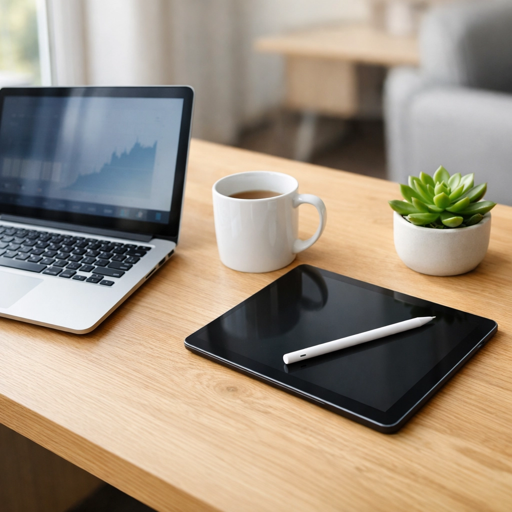 Modern startup office desk showing accounting software on a laptop for efficient Q1 bookkeeping.