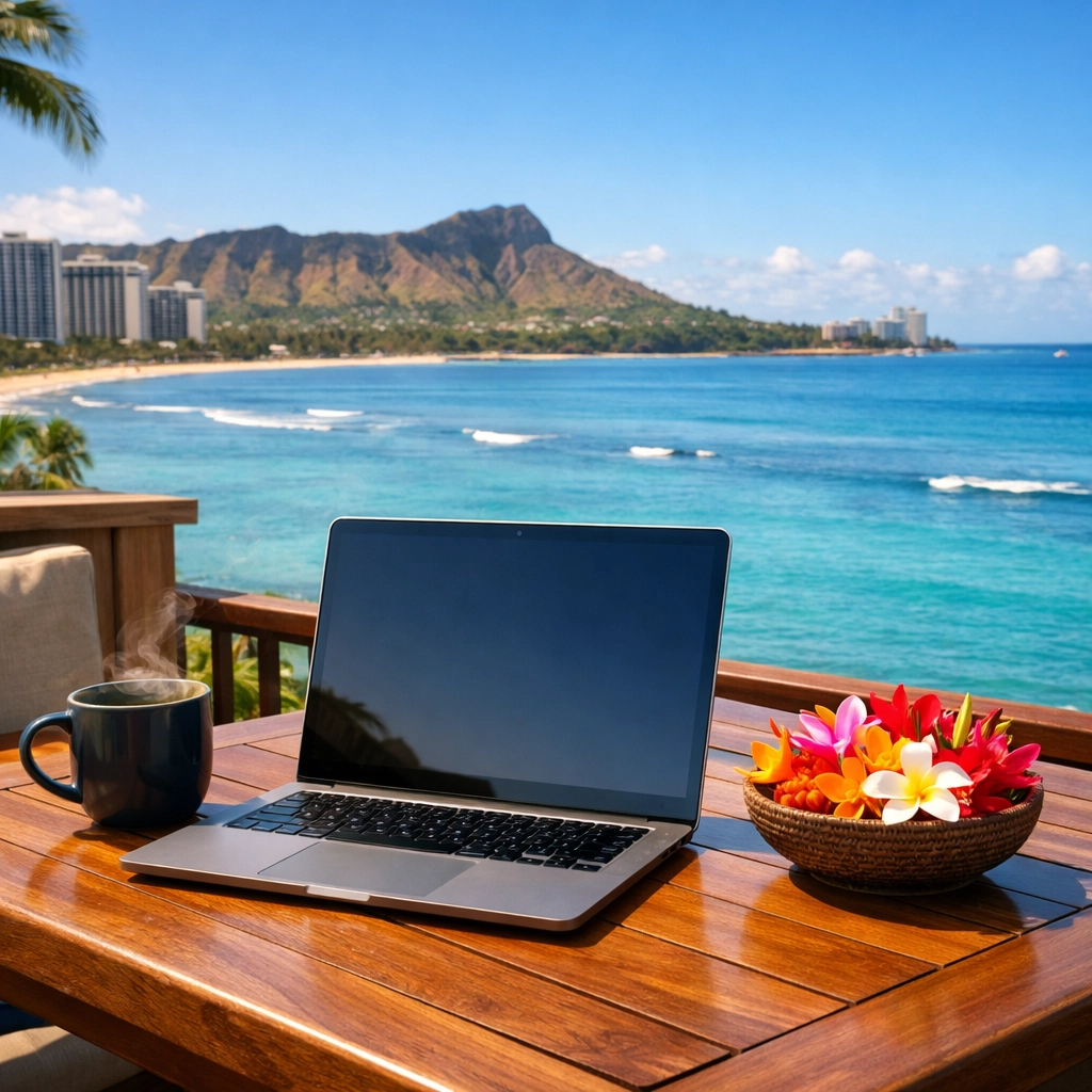 Remote work setup on a sunny balcony overlooking the turquoise ocean at a luxury vacation rental Hawaii.