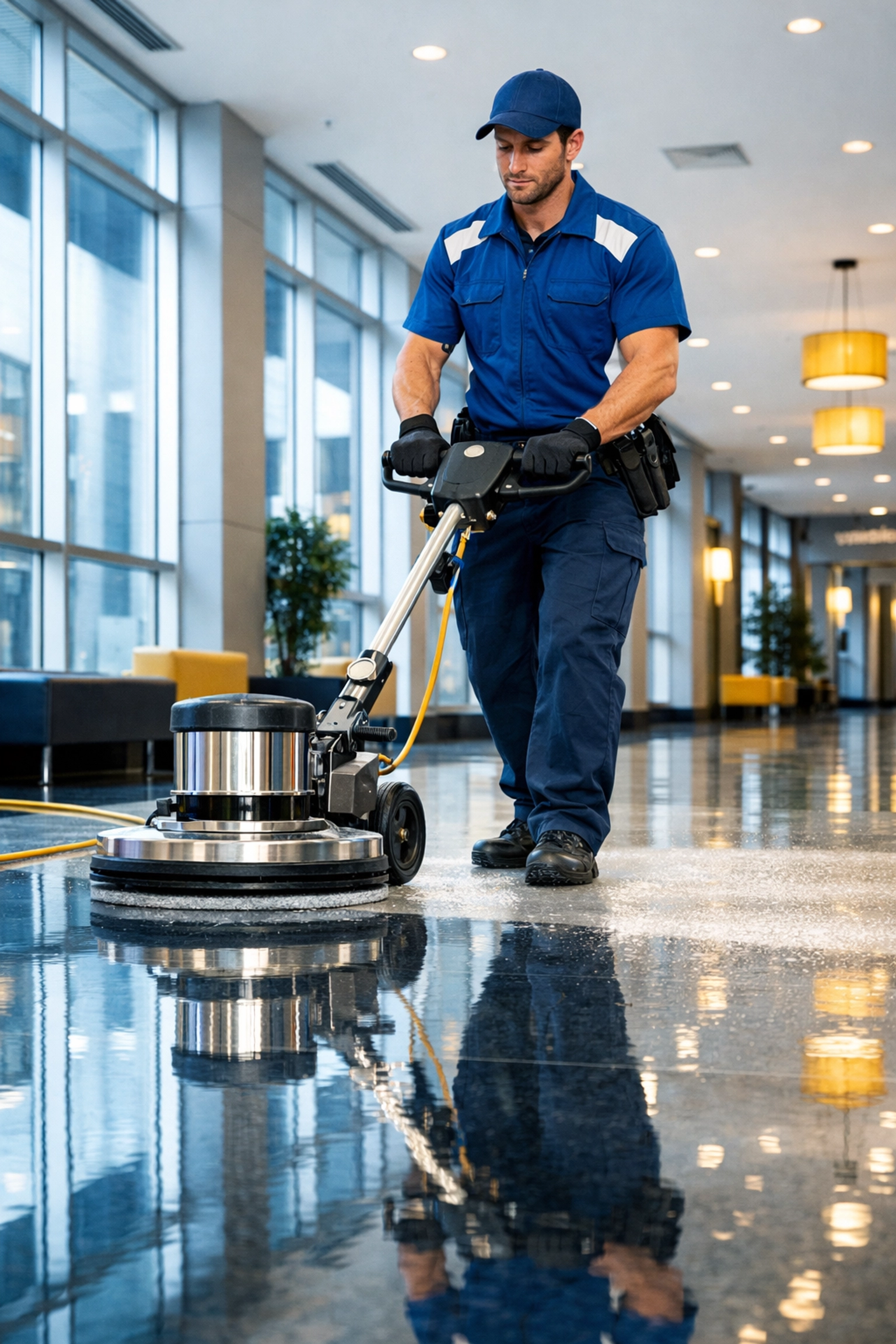 Professional floor care technician burnishing a VCT tile floor for a high-gloss finish in Leominster.