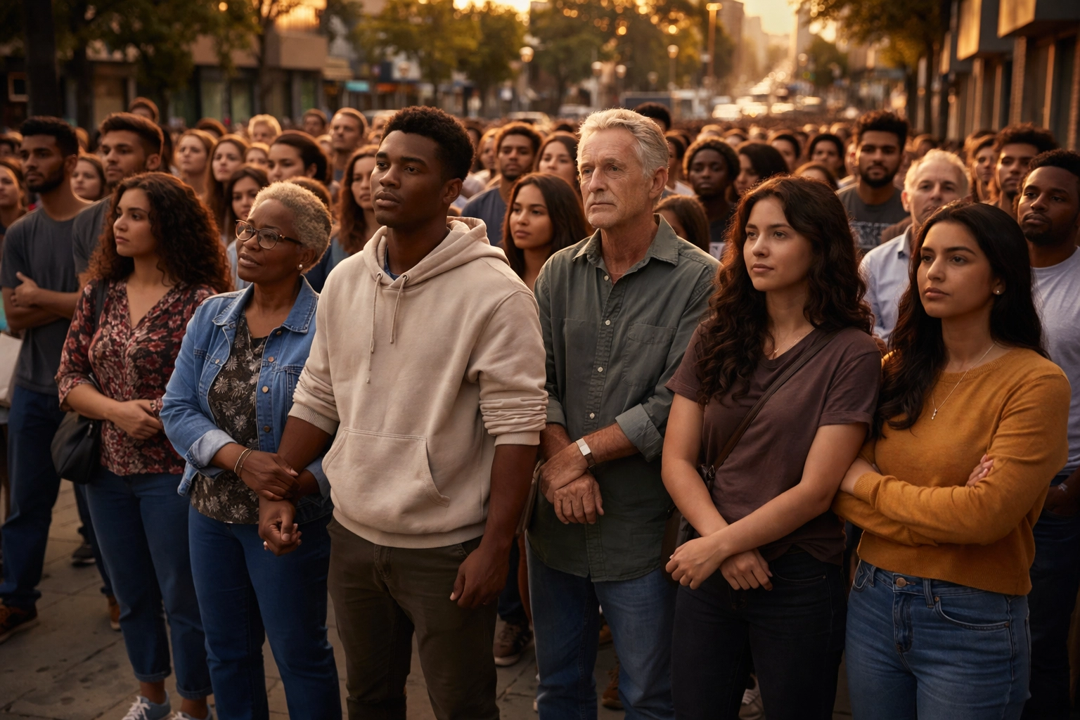 A diverse community stands together in solidarity on a city street, reflecting public demand for justice and accountability.
