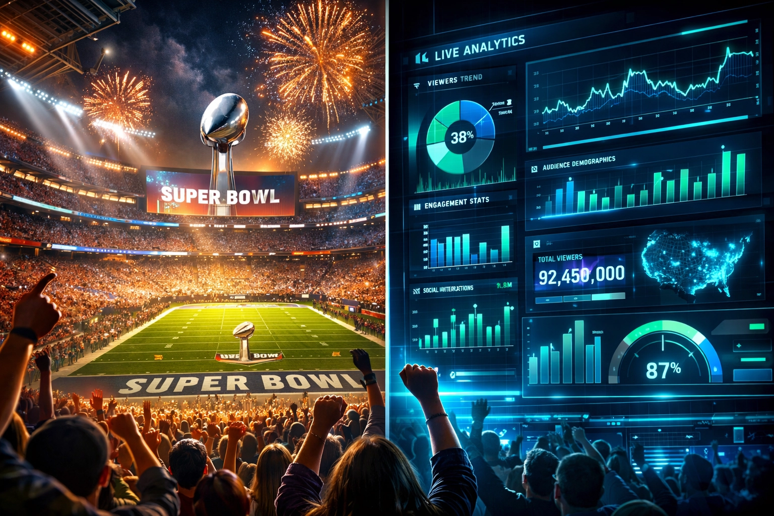 Super Bowl stadium crowd next to real-time analytics dashboard showing precision advertising data