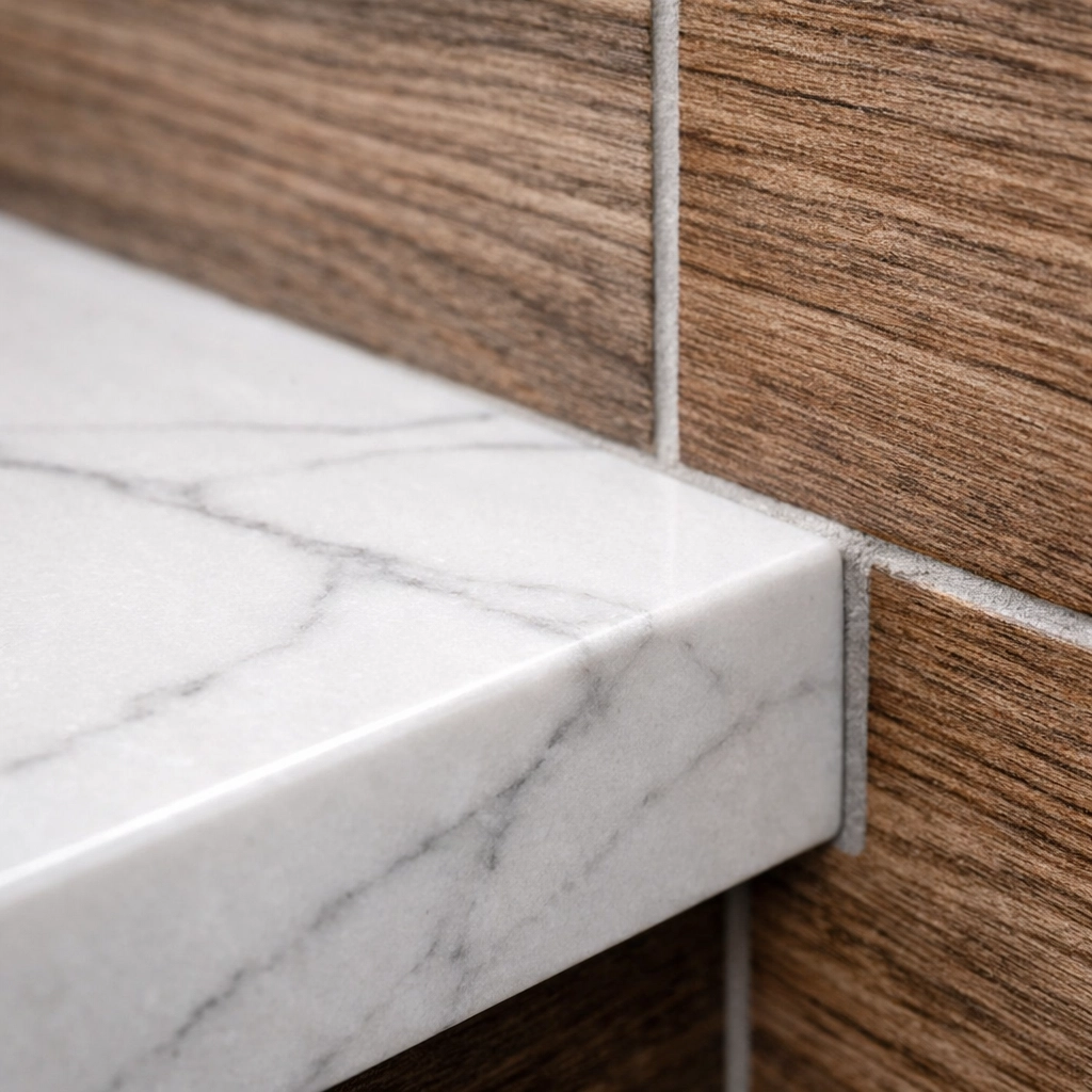 Detail of a quartz countertop and wood-look porcelain tile from a professional bathroom renovation Orlando.