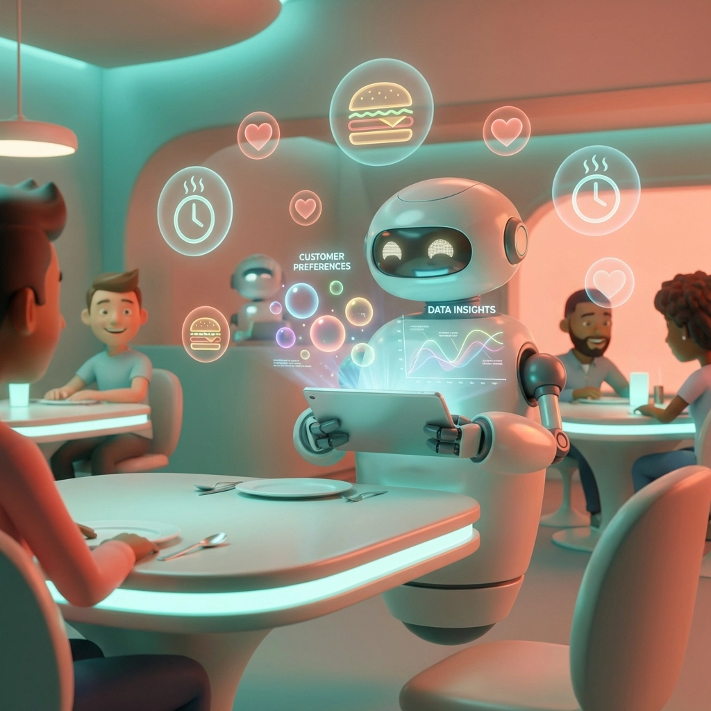 Robot server in a modern restaurant displays personalized menu recommendations using guest data, showcasing AI in hospitality marketing.