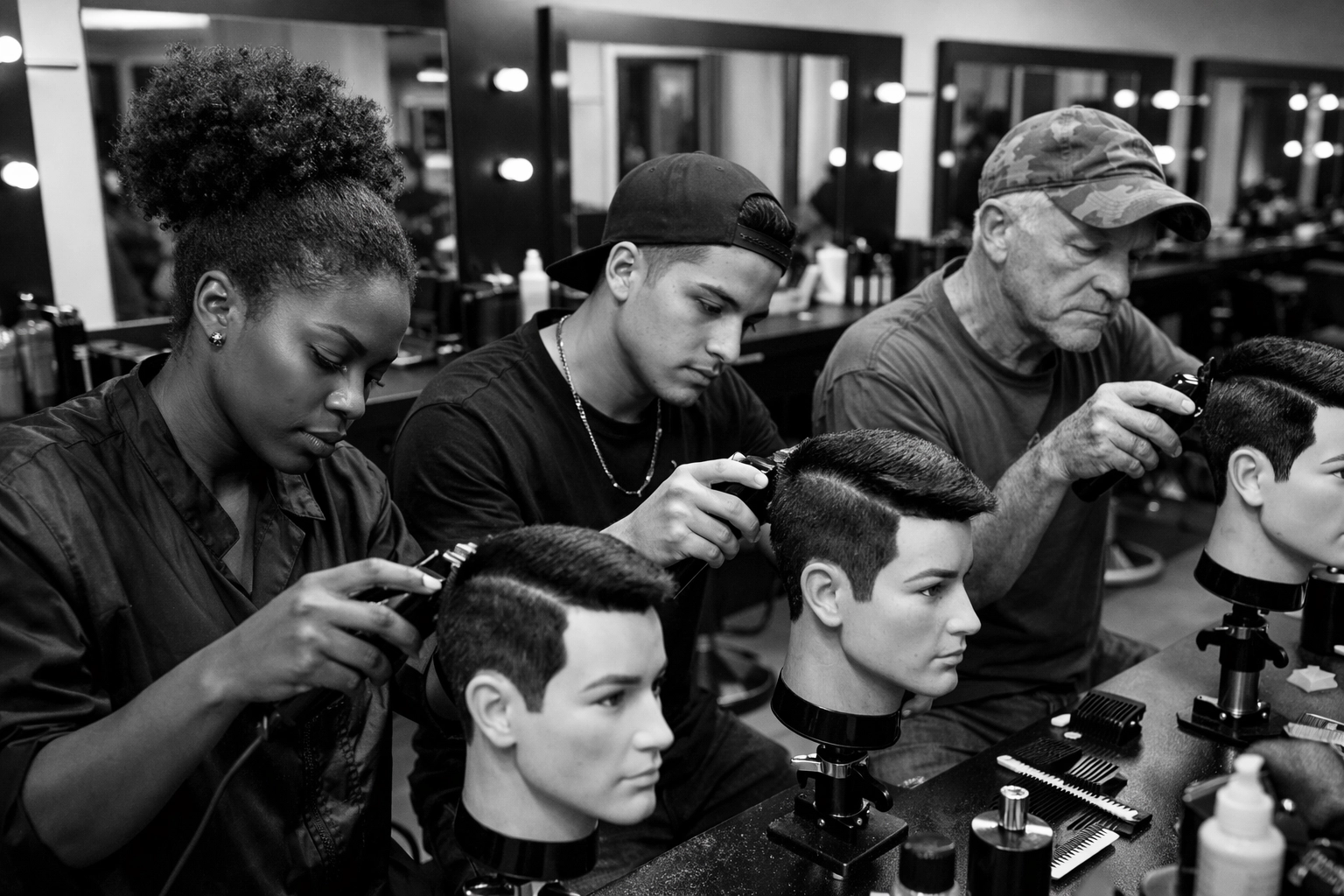 Diverse barber students practicing clipper techniques at X-Quisite Cutz School in Middletown Ohio