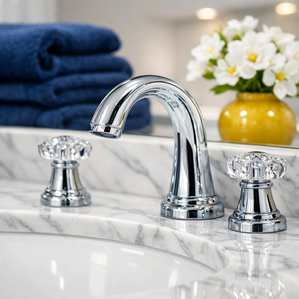Streak-free chrome faucet and marble bathroom vanity detail by a professional house cleaning service in Lowell MA.